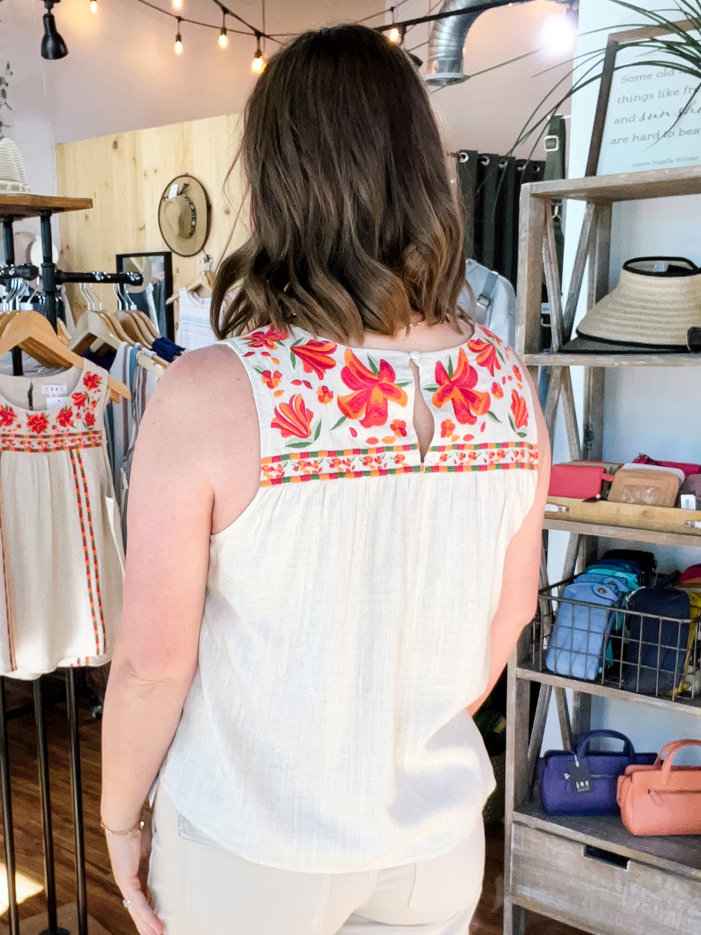 Beige Floral Embroidery Tank Top