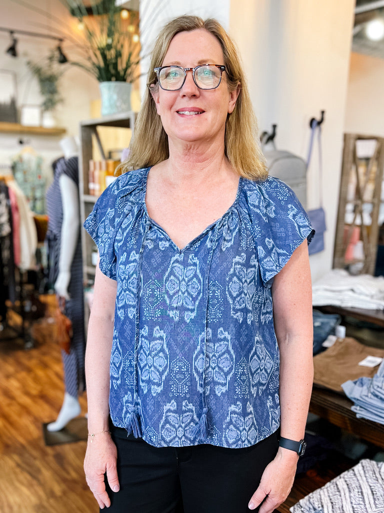 Blue Flutter Sleeve Tribal Top