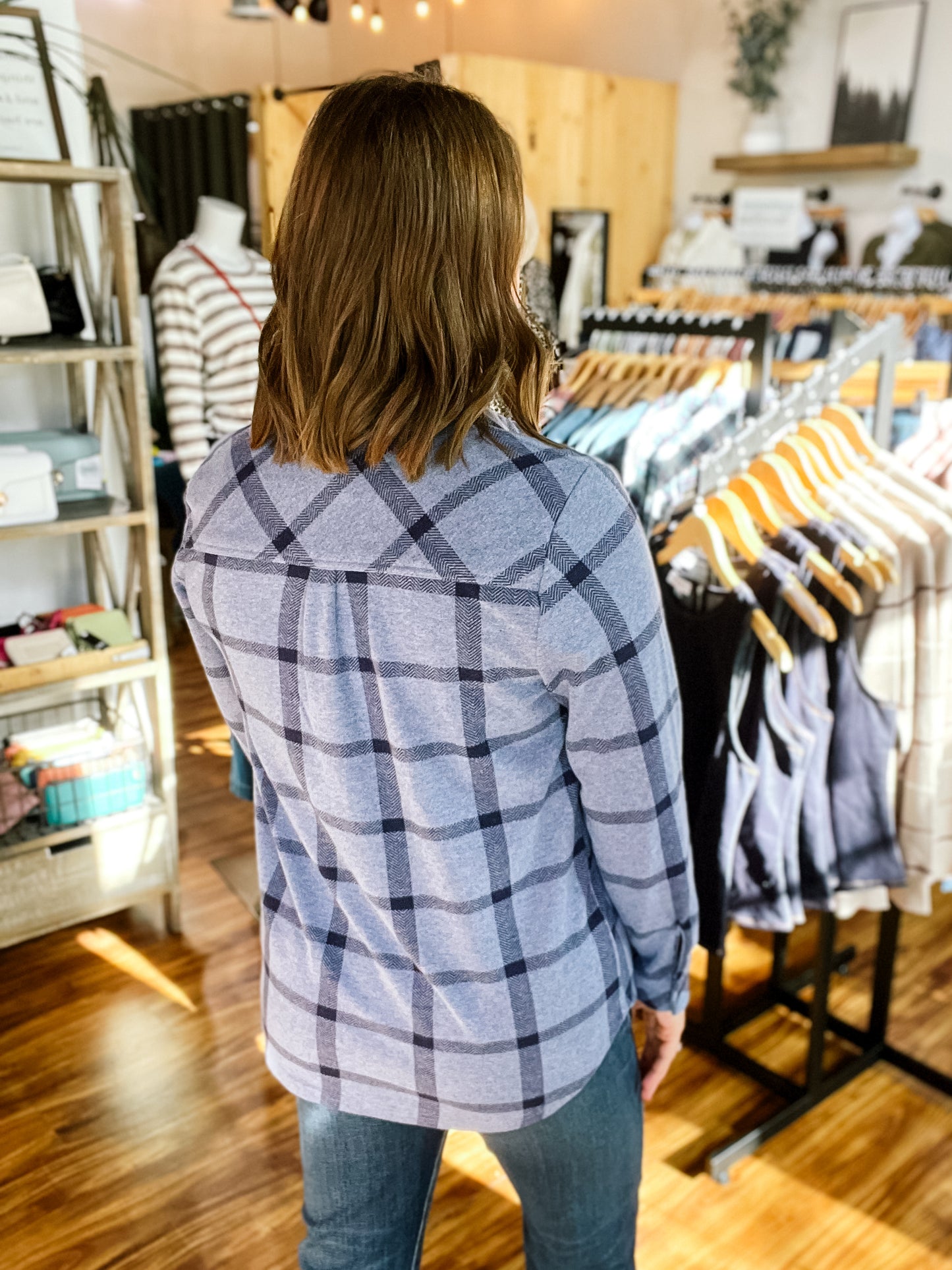 Heather Blue with Navy Plaid Flannel Shirt