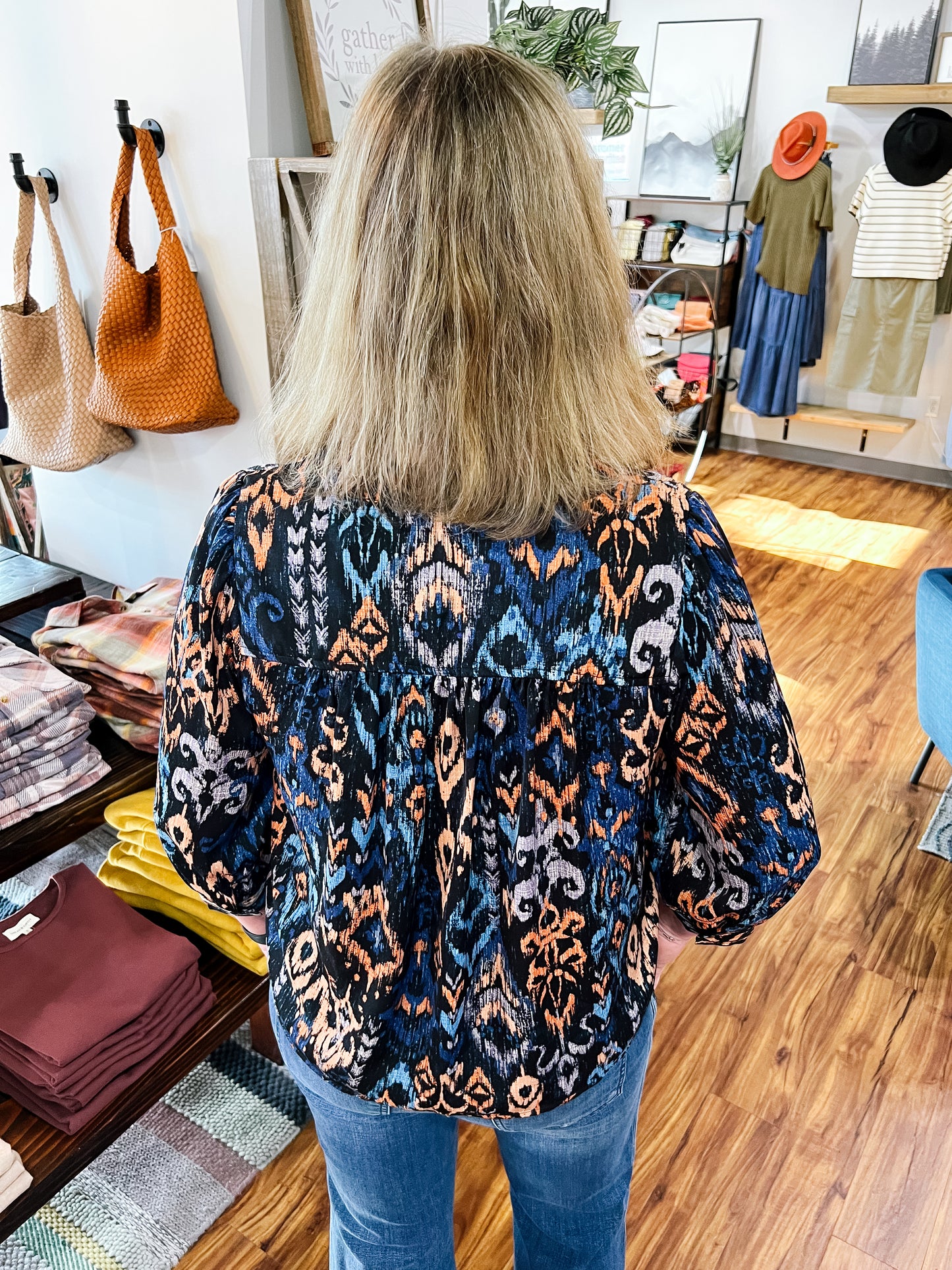 Dark Navy Jacquard Print Popover Blouse
