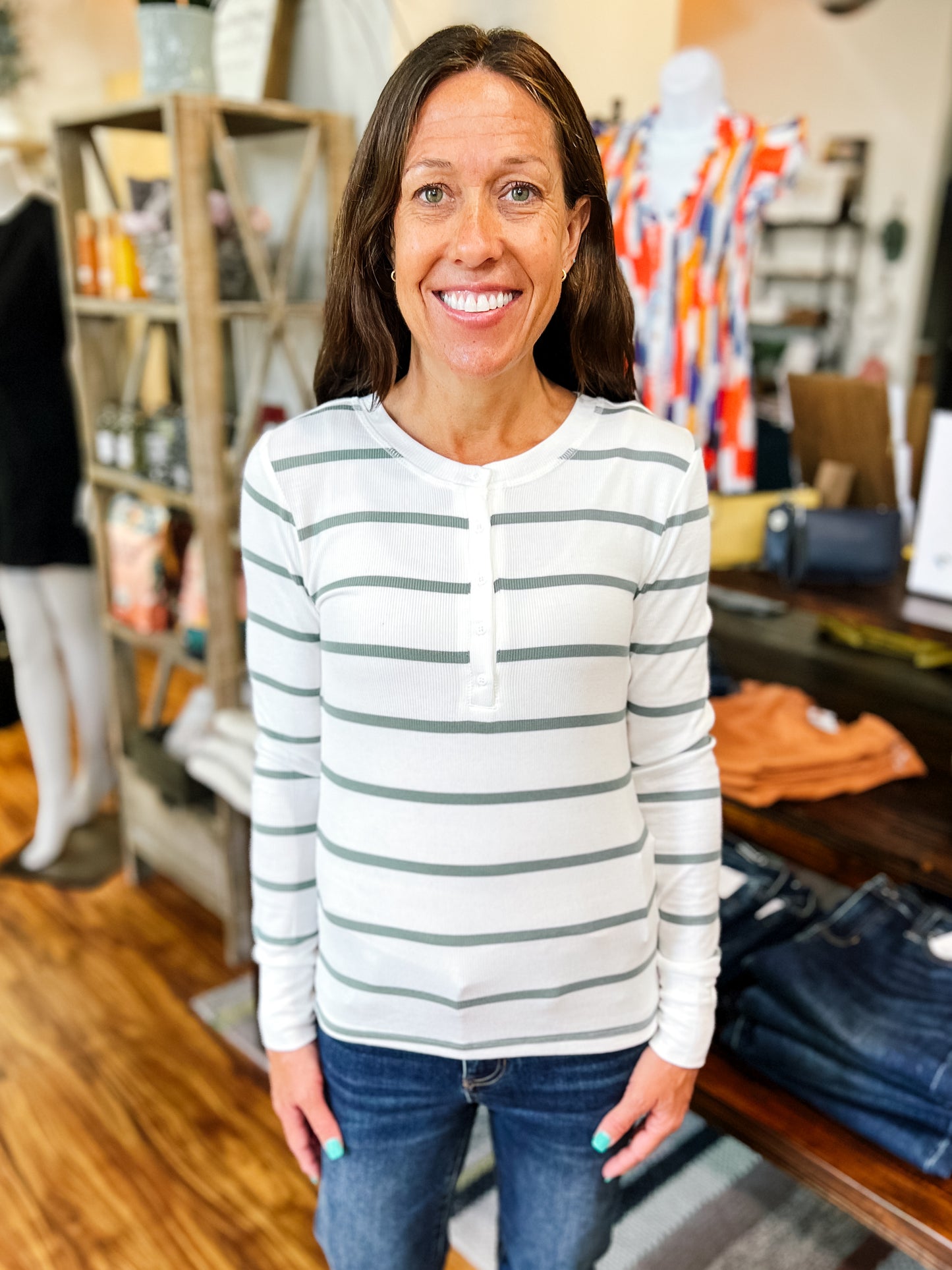 White w/ Green Stripe Long Sleeve Henley Top
