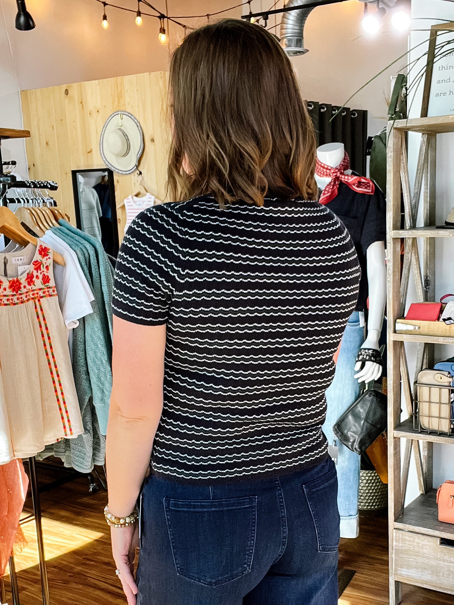 Navy Textured Stripe Short Sleeve Sweater Top
