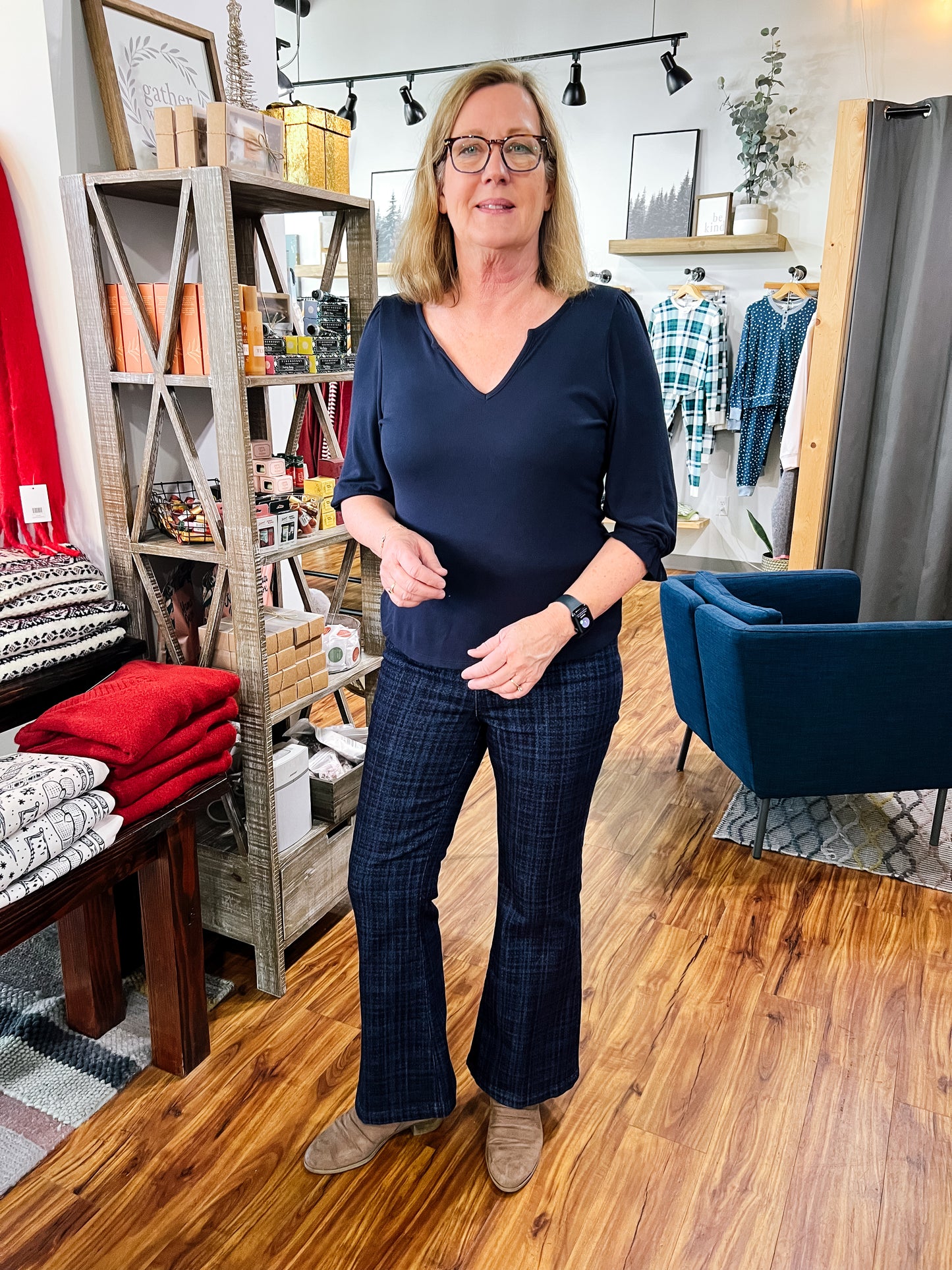 Hannah Flare Dark Blue Plaid Jean