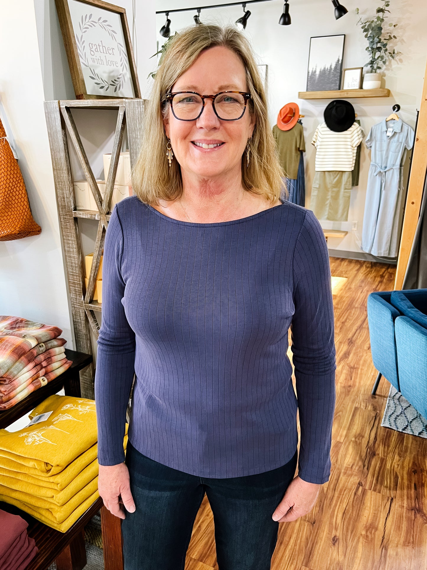 Washed Navy Long Sleeve Boat Neck Top