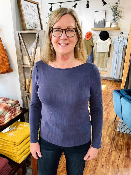Washed Navy Long Sleeve Boat Neck Top