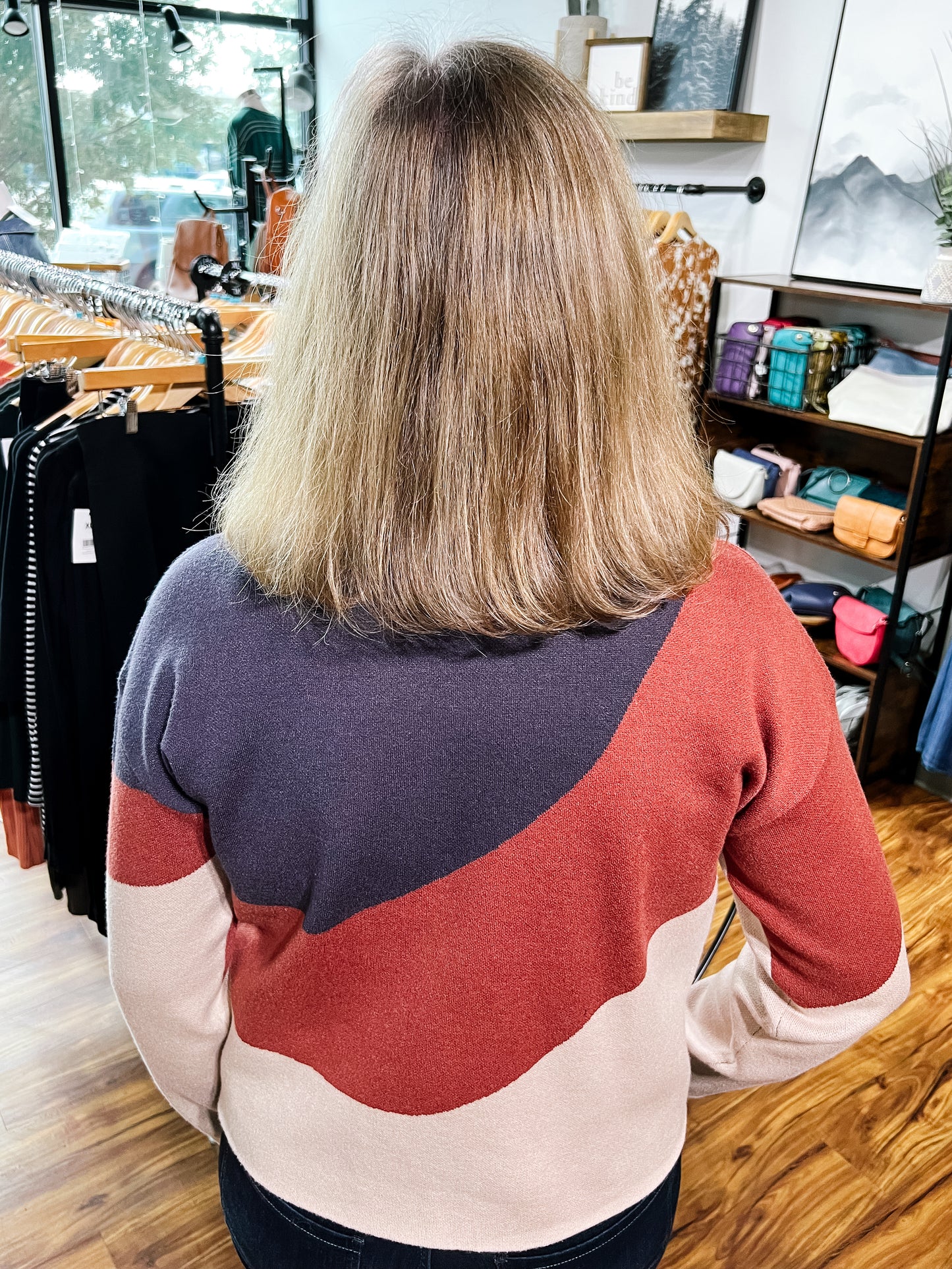 Blue, Rust & Beige Mock Turtle Neck Sweater