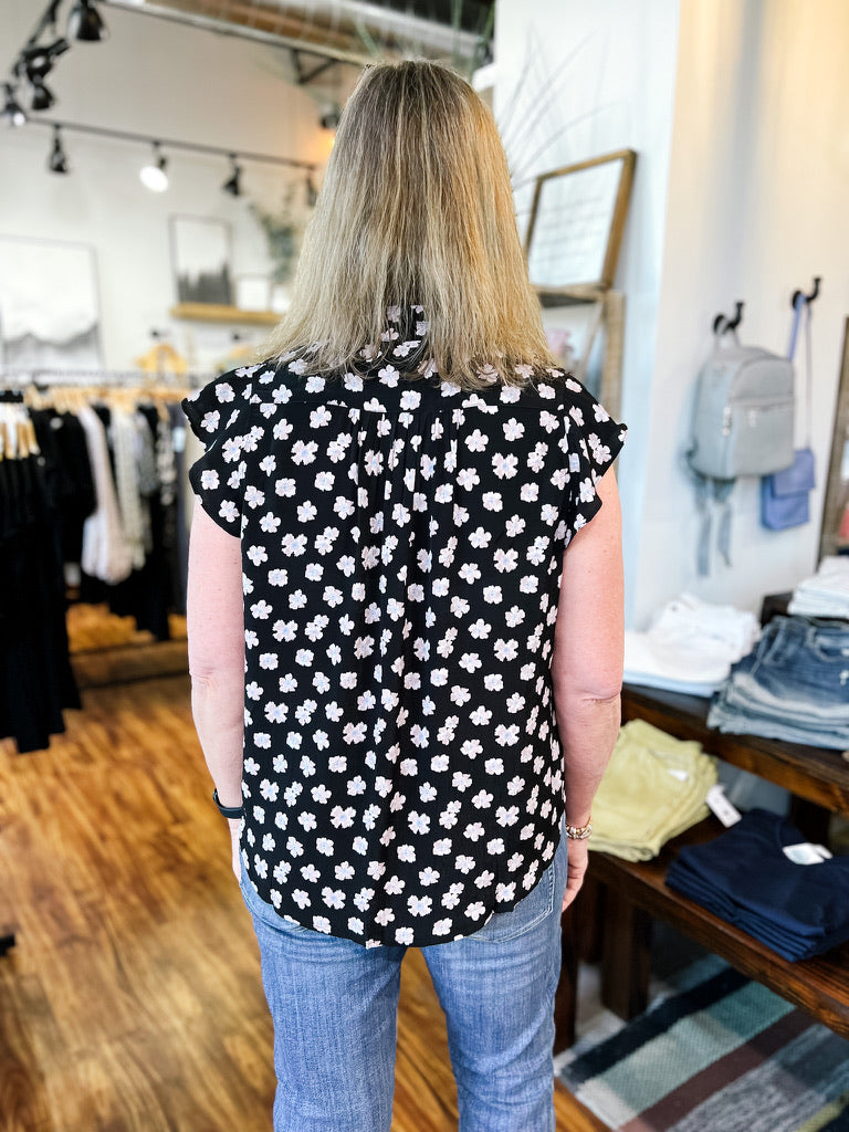 Black Floral Print Flutter Sleeve Top