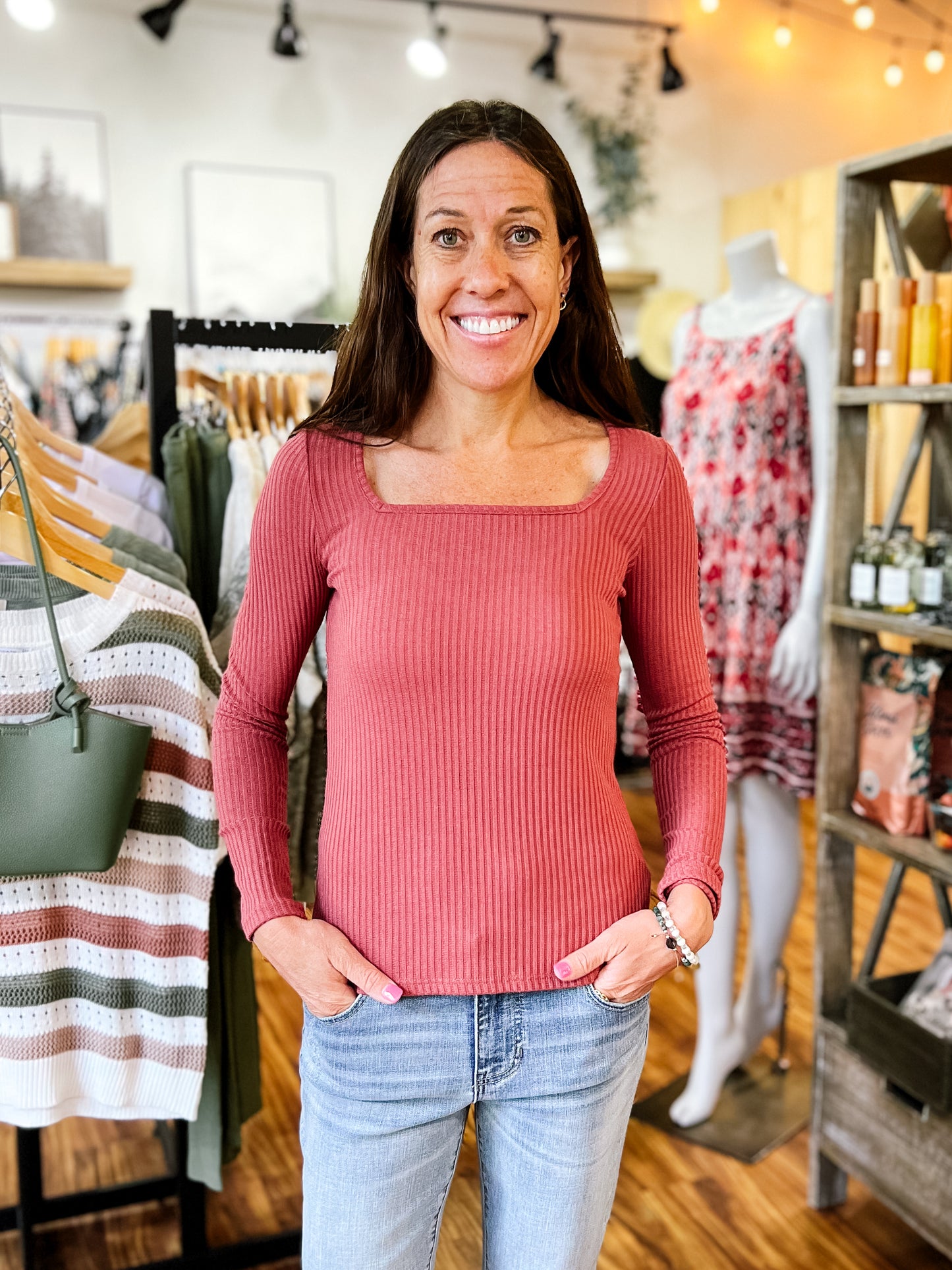 Red Ribbed Square Neck Top