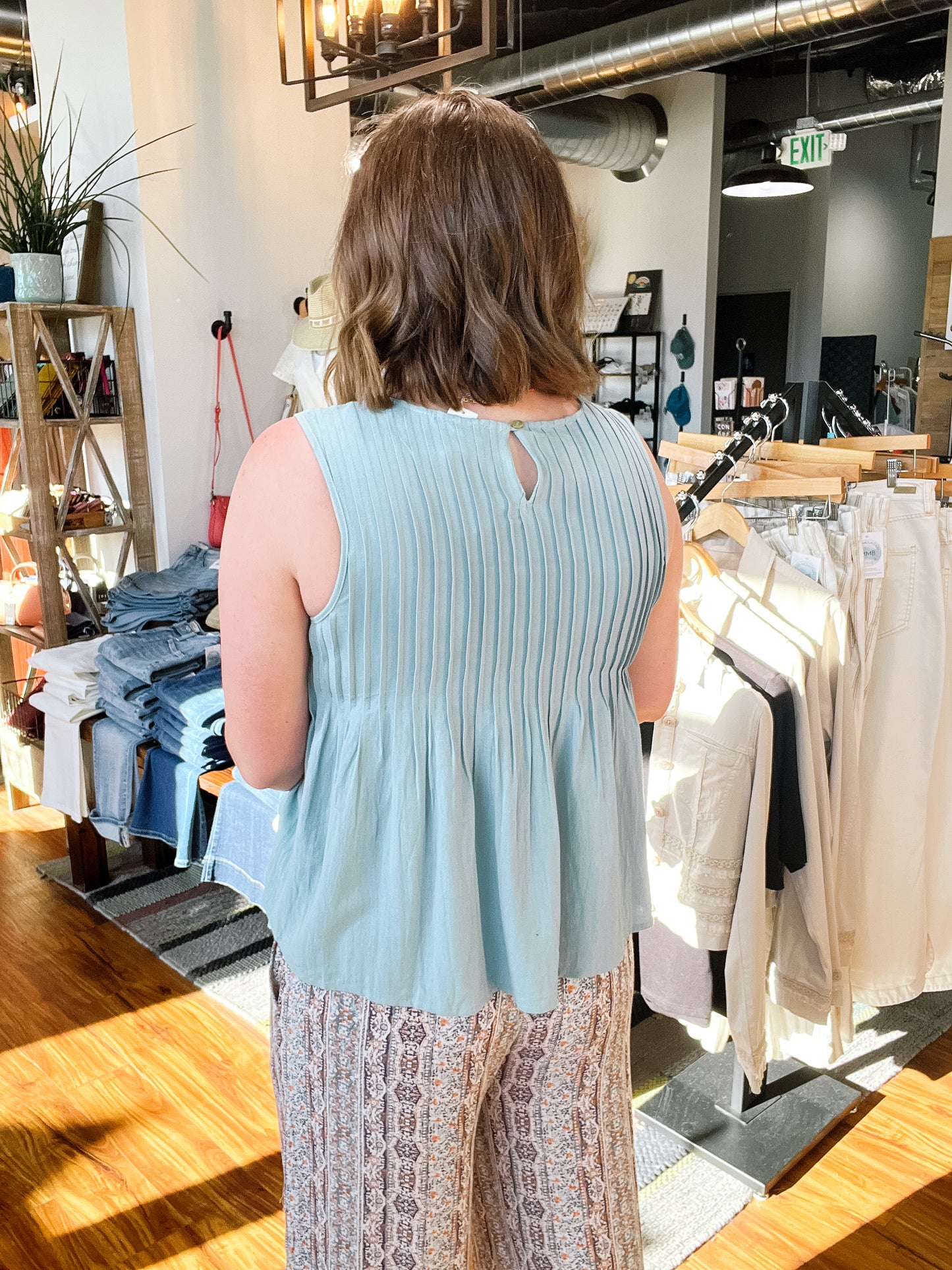 Dusty Blue Pleated Babydoll Tank