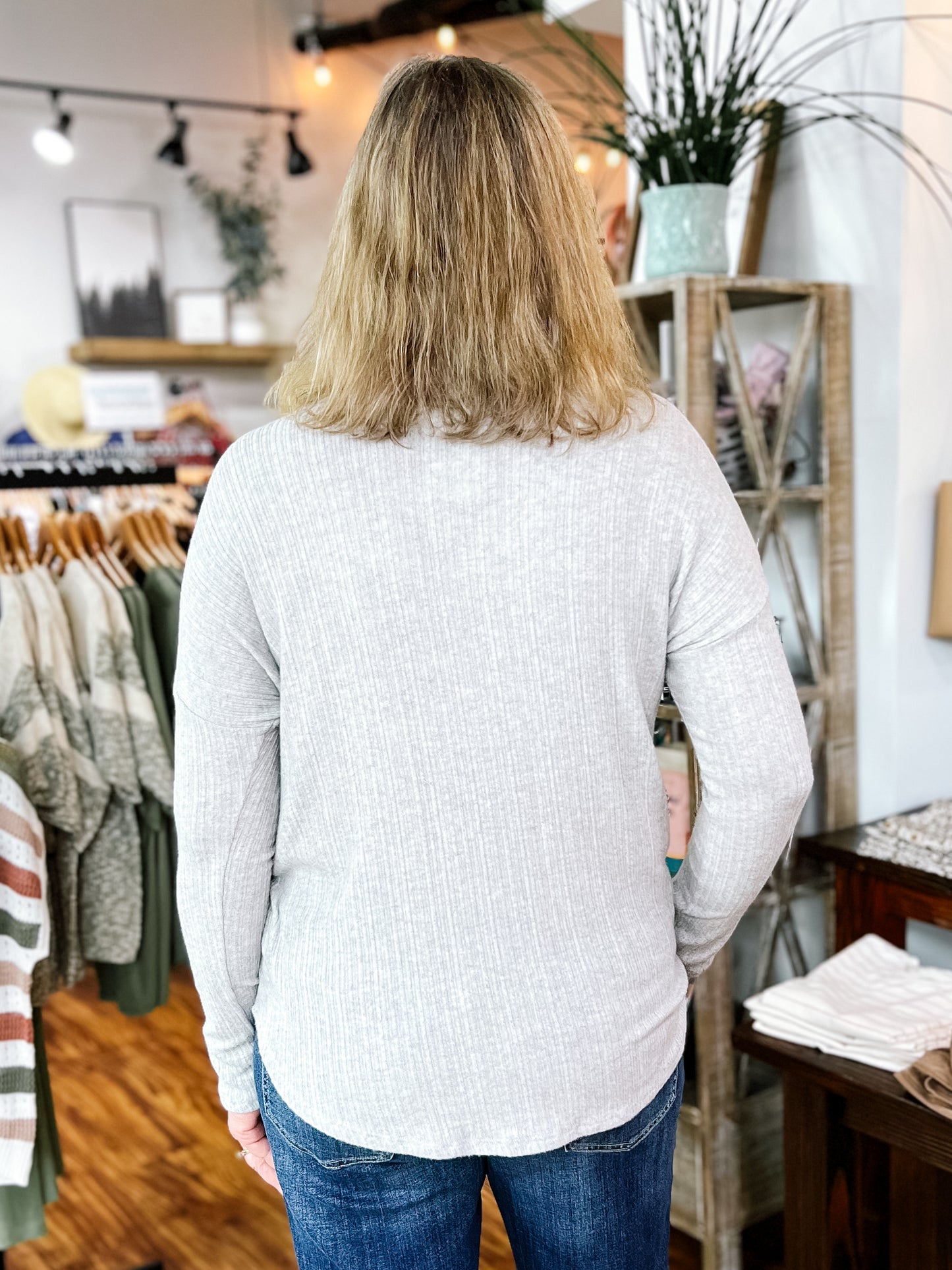 Grey V Neck Ribbed Top