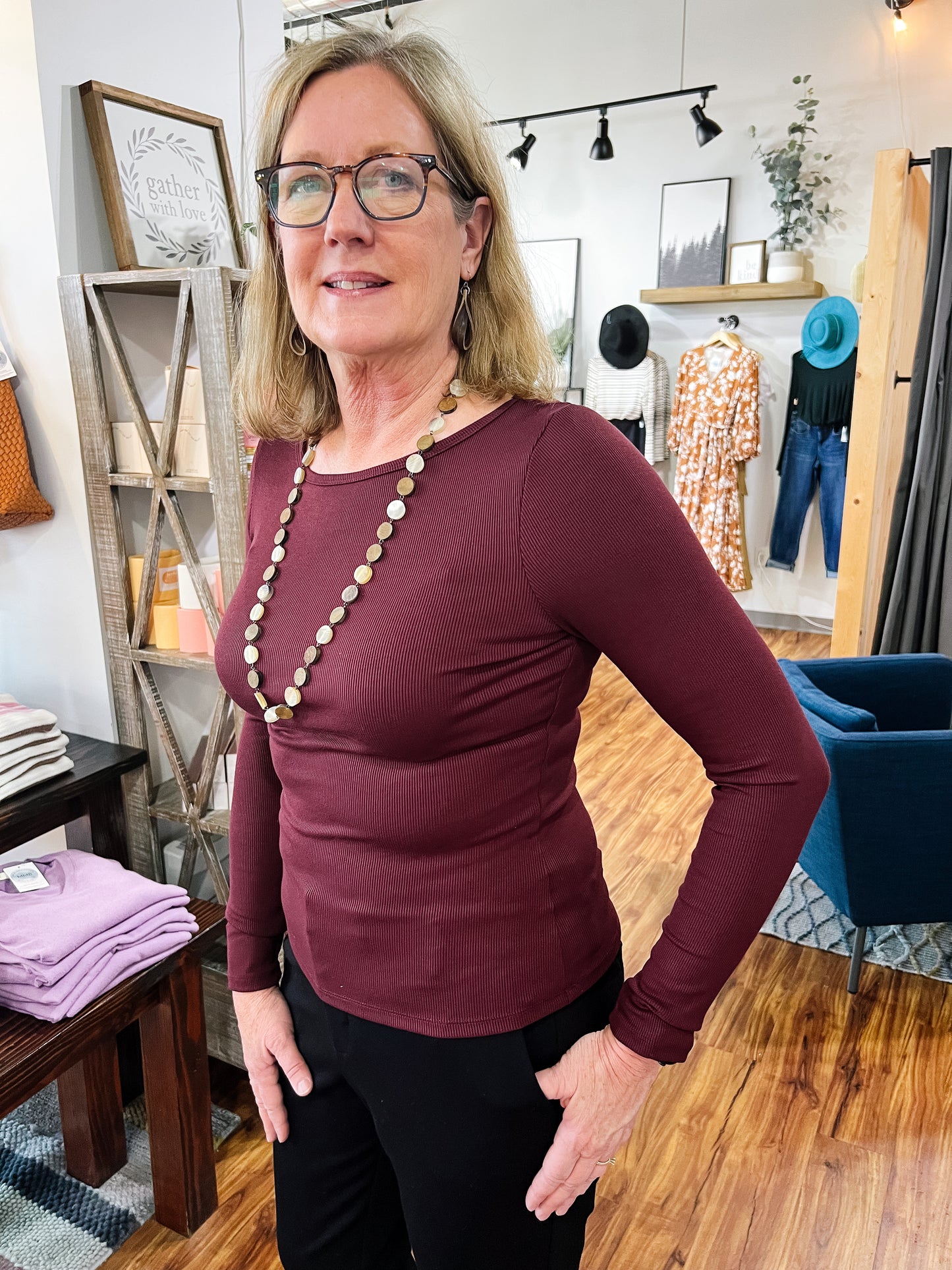 Burgundy Ribbed Long Sleeve Top