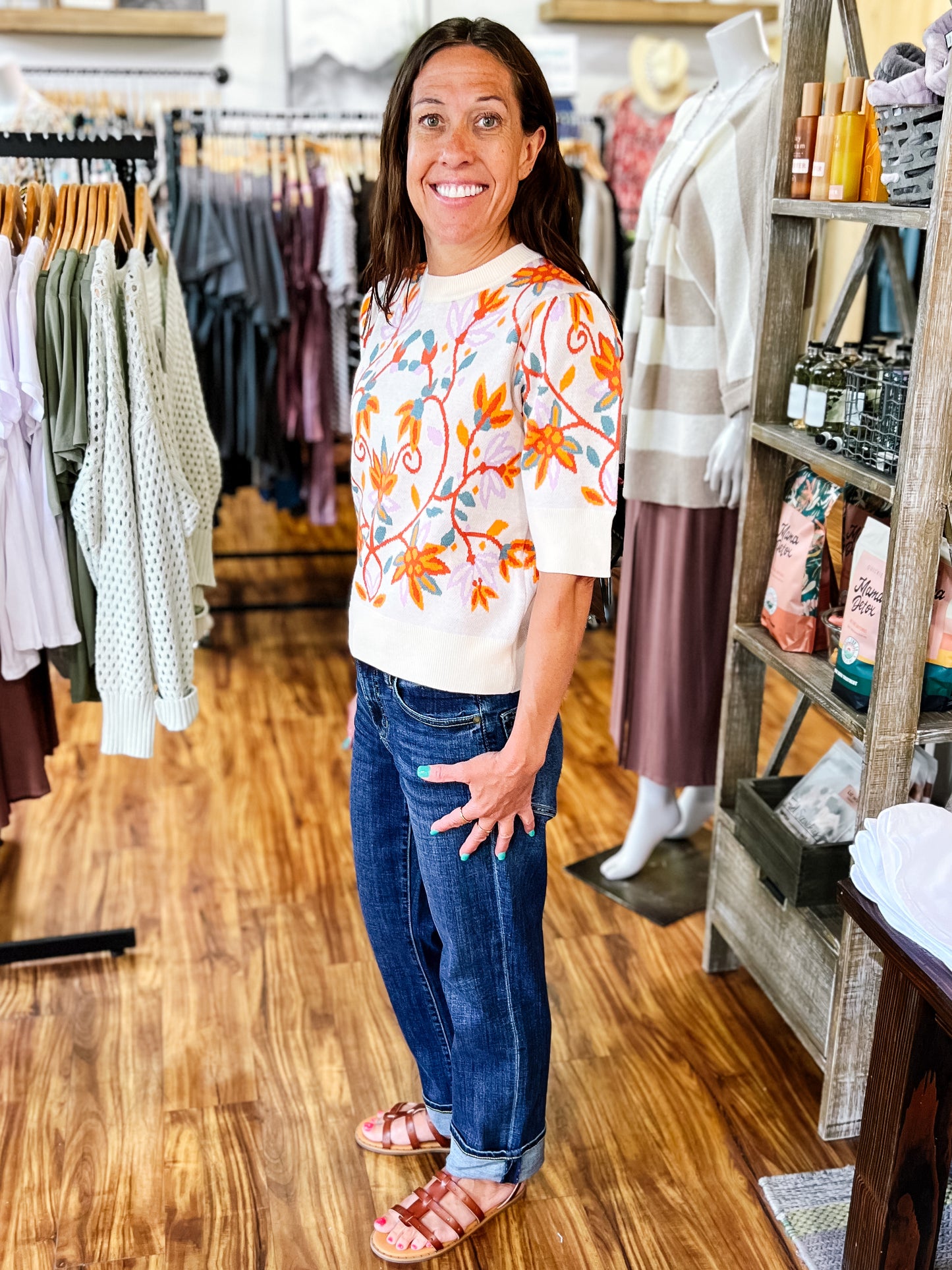 Cream w/ Colorful Floral Print Short Sleeve Sweater