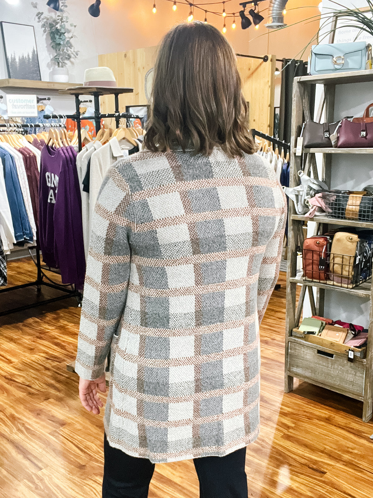 Taupe Checkered Open Front Cardigan