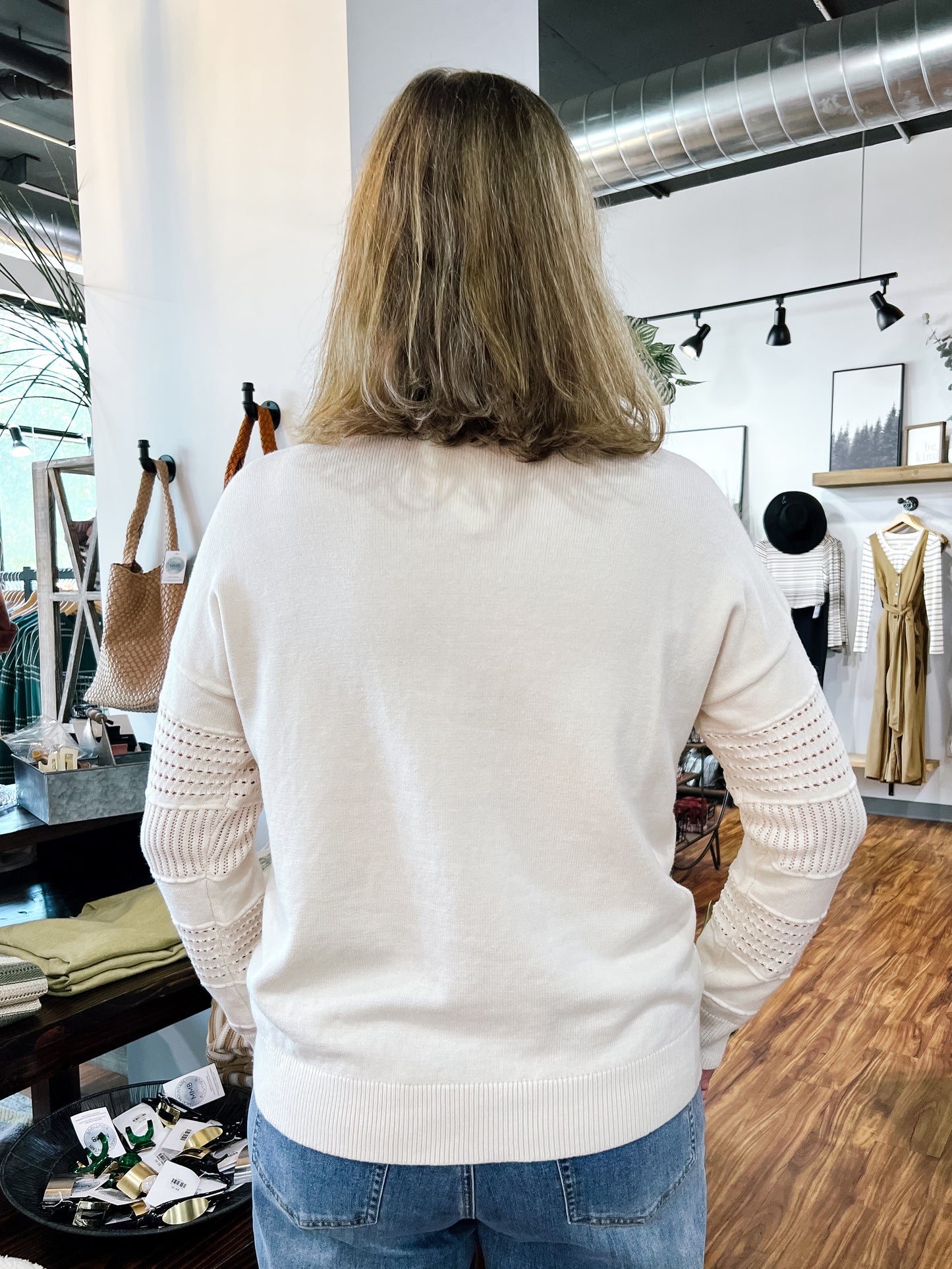 Almond Pointelle V Neck Sweater