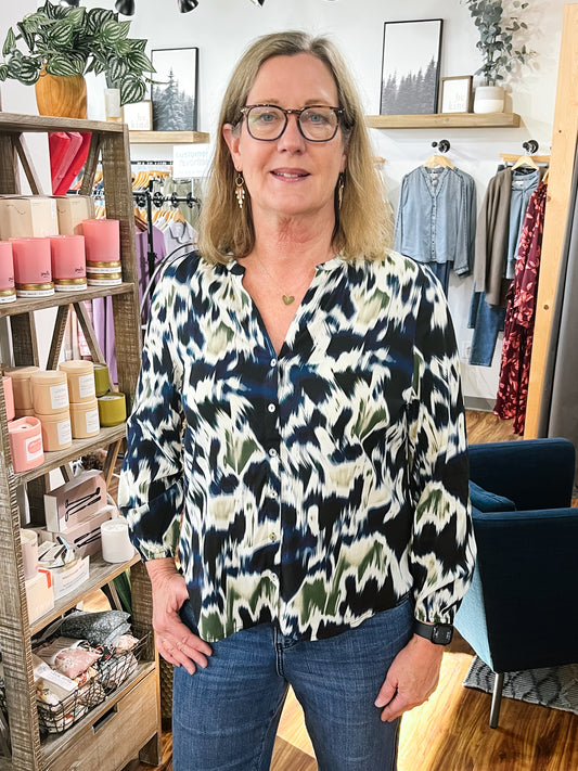 Navy & Green Patterned Blouse