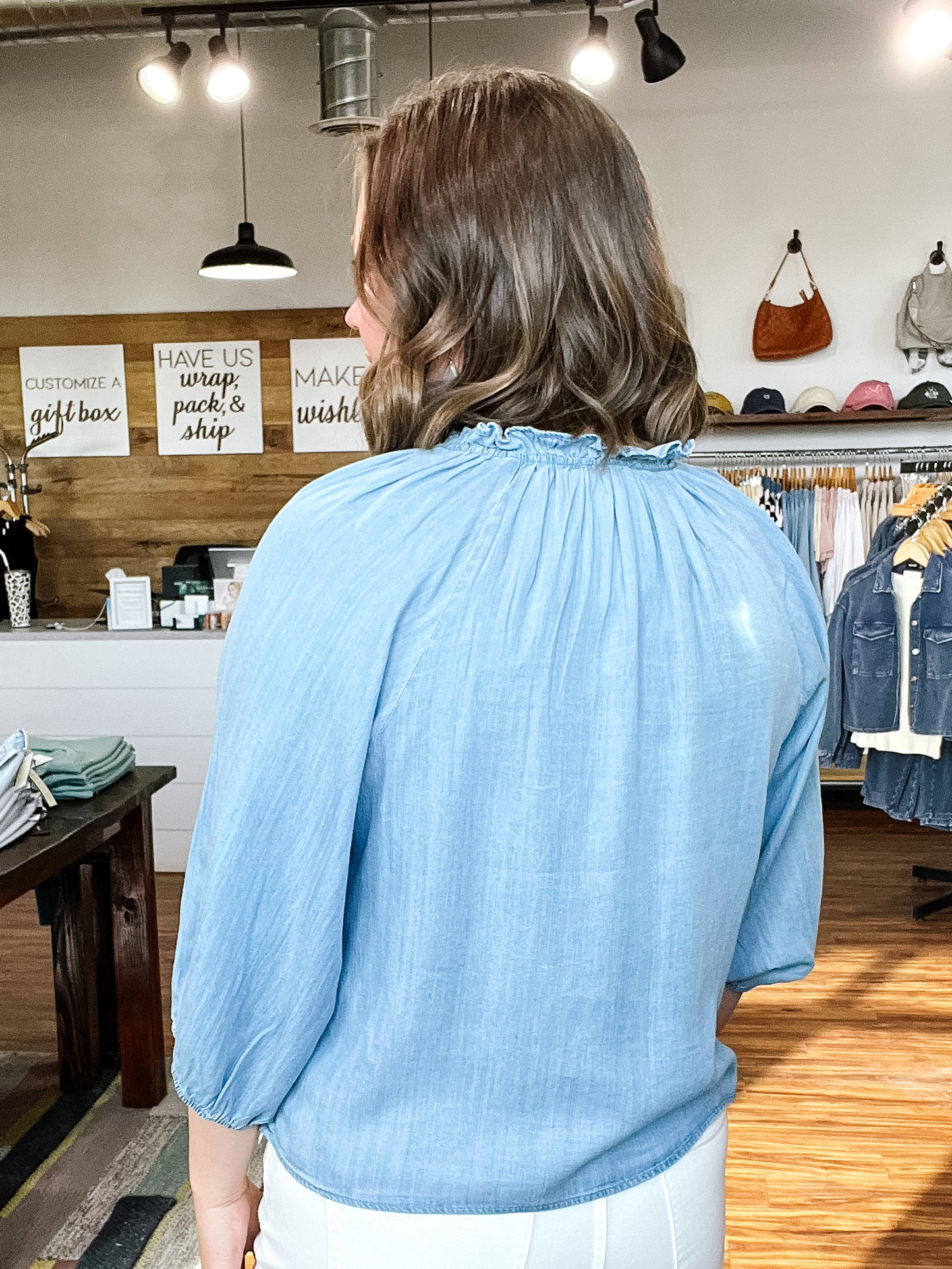 Chambray Button Front Blouse W/ Ruffle Neck