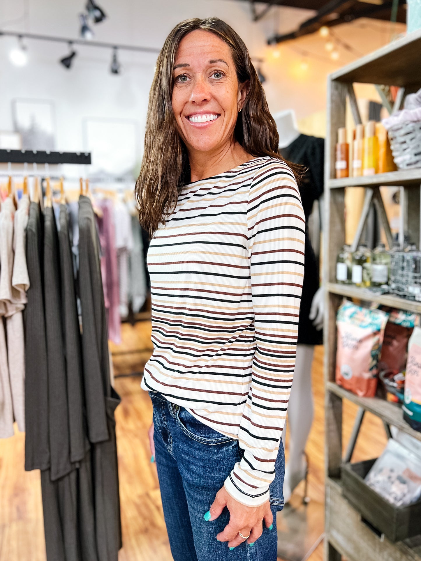 Brown Stripe Boat Neck Top