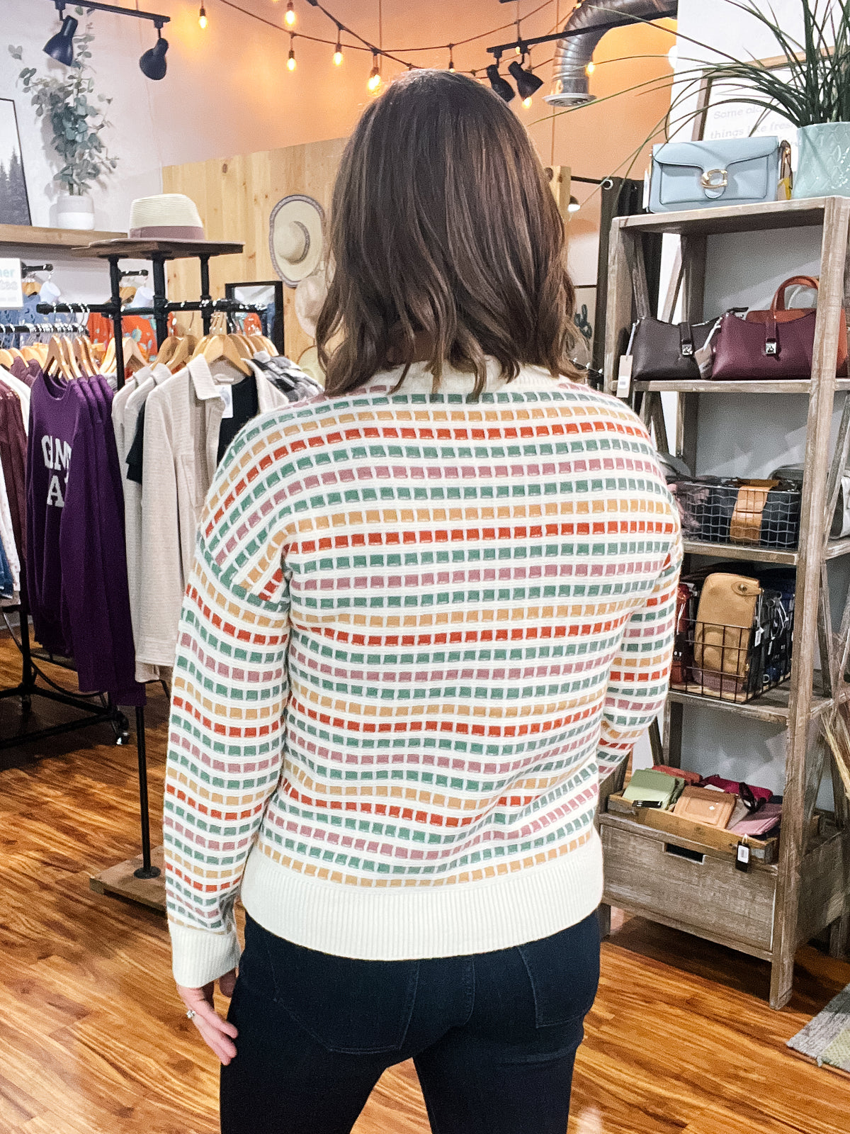 Multi Colored Box Print Crew Neck Sweater