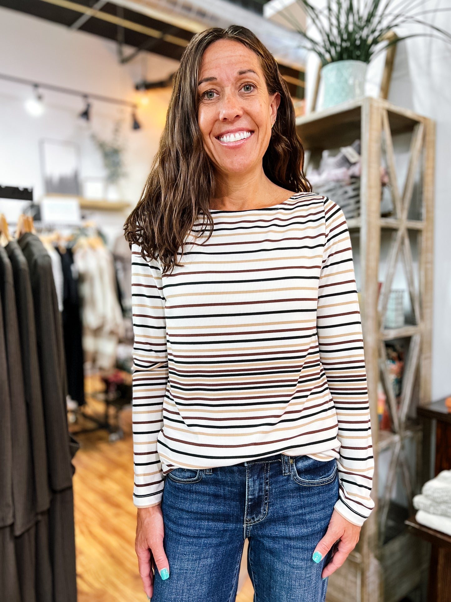 Brown Stripe Boat Neck Top