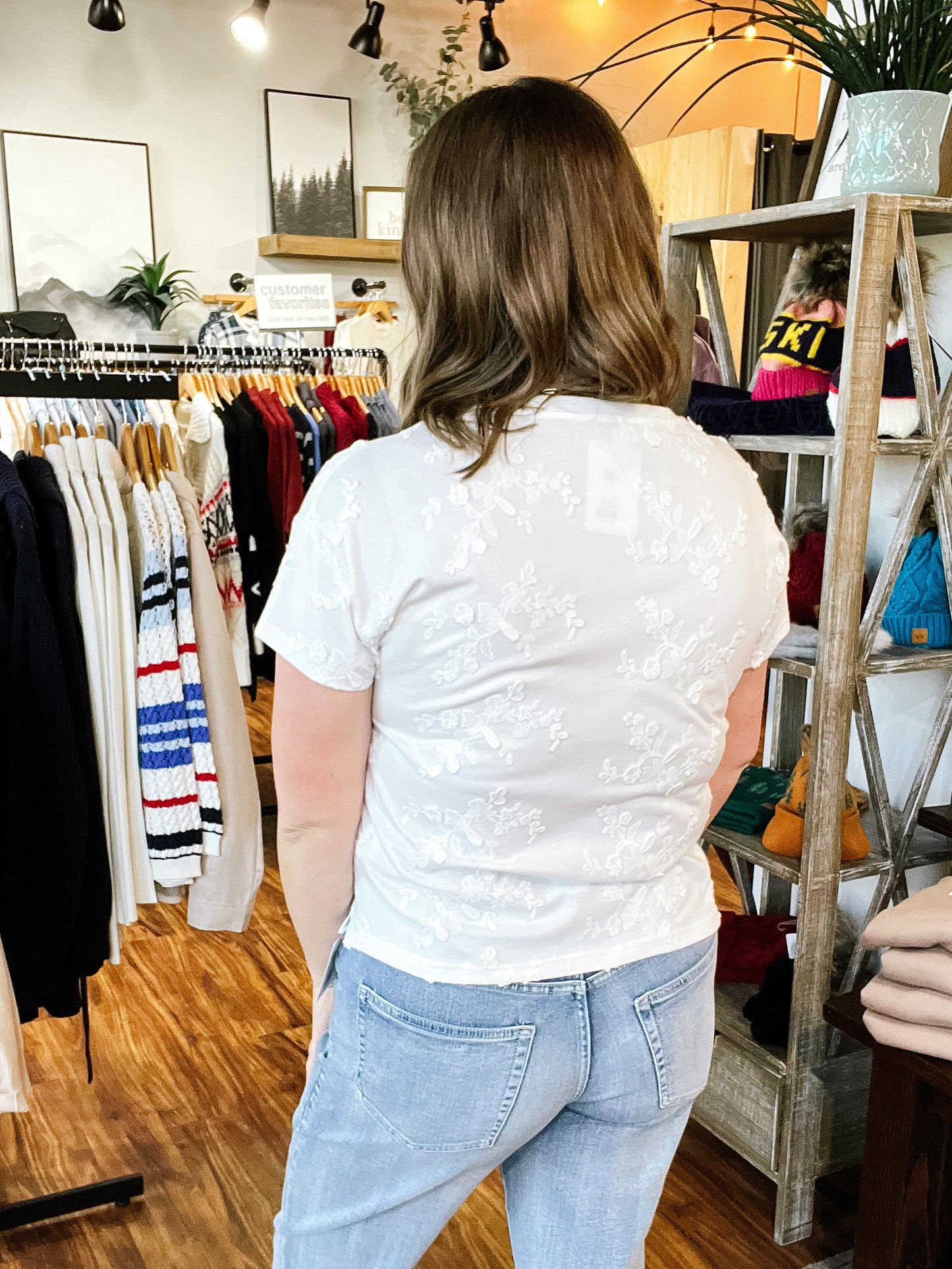White W/Floral Embellishments Top