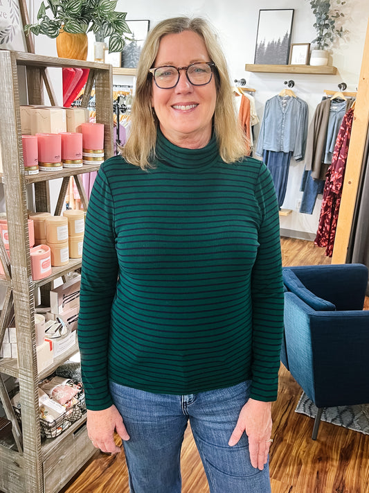 Emerald W/ Navy Stripe Turtleneck Top