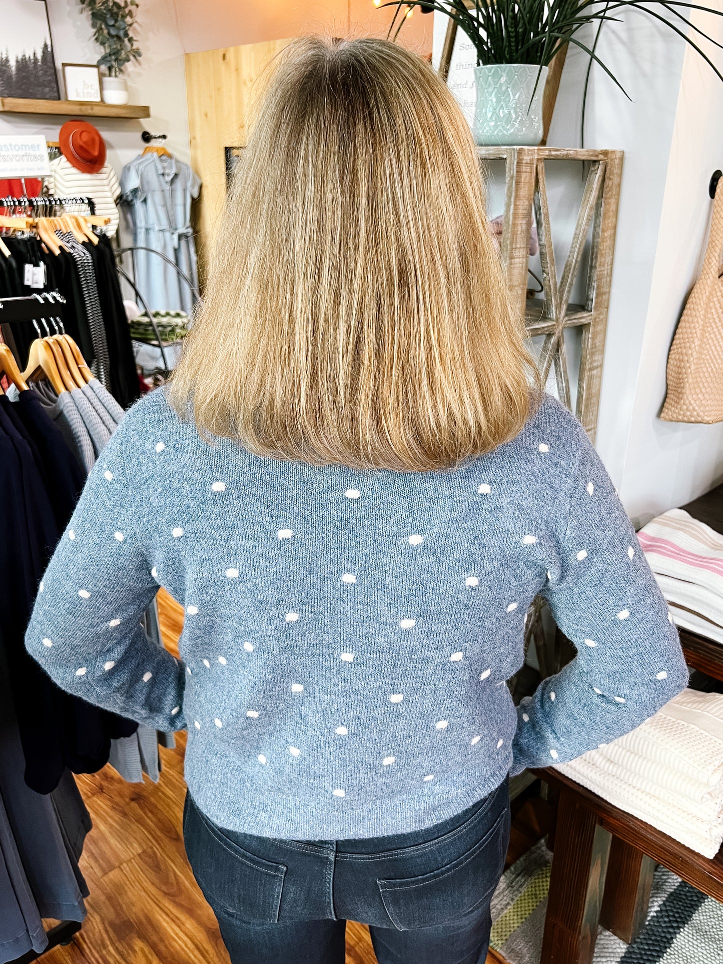 Blue Dotted Knit Crewneck Sweater