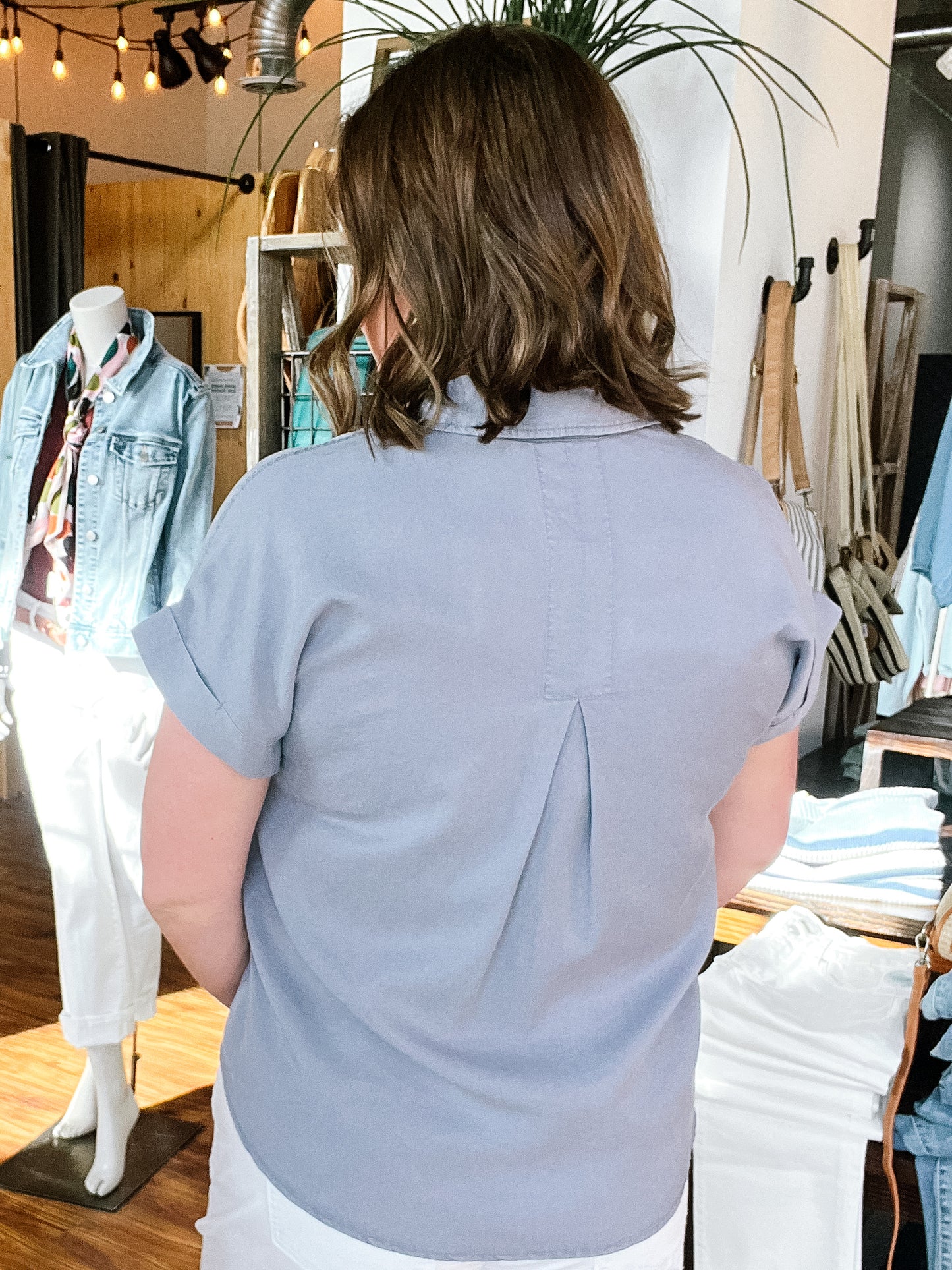 Powder Blue Short Sleeve Button Up Top
