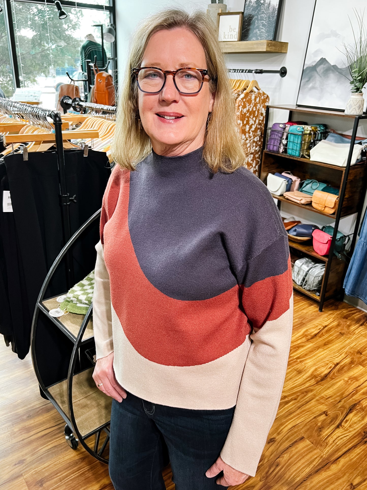 Blue, Rust & Beige Mock Turtle Neck Sweater