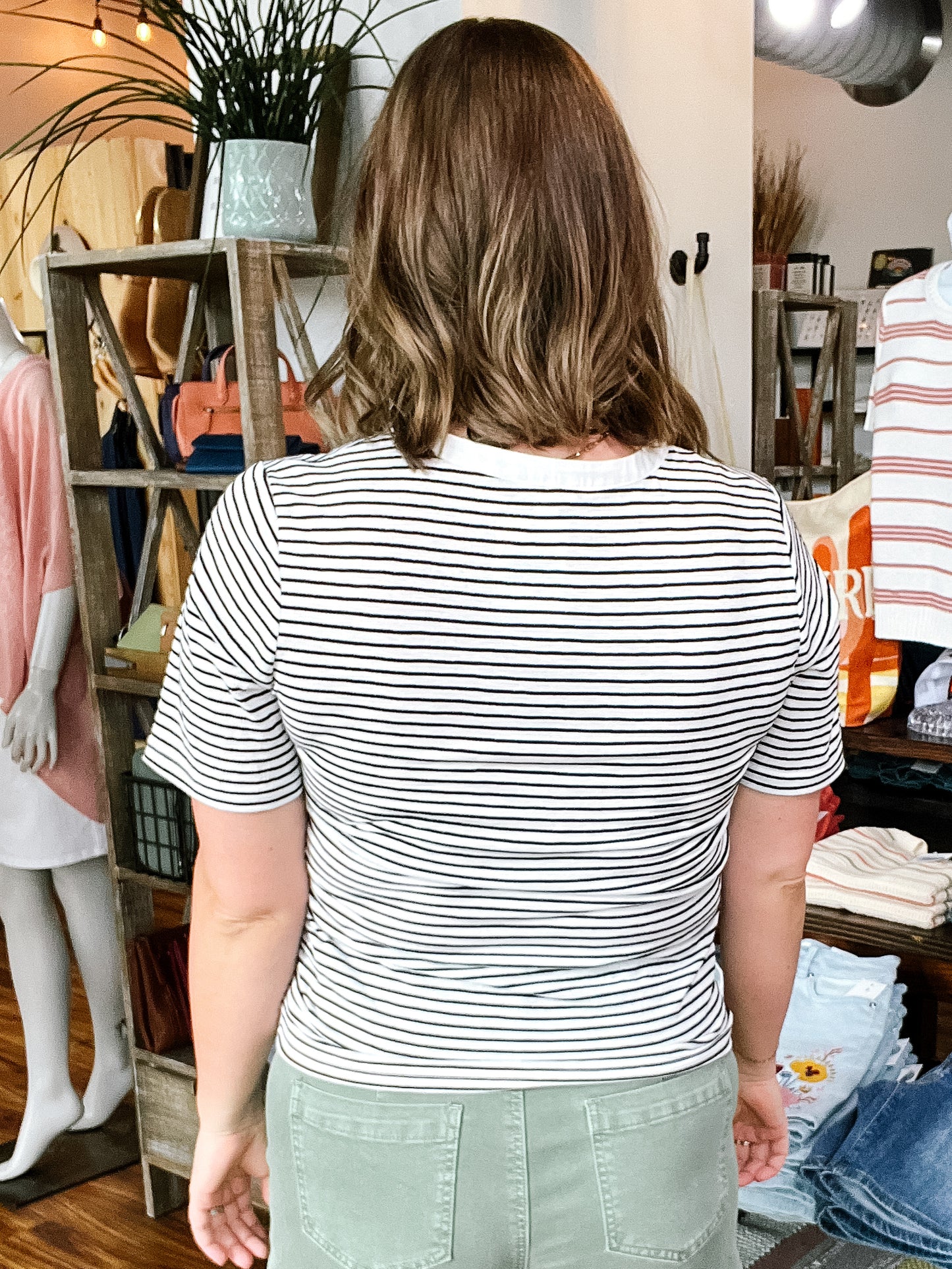 Cream W/Black Stripe Lace Up Top