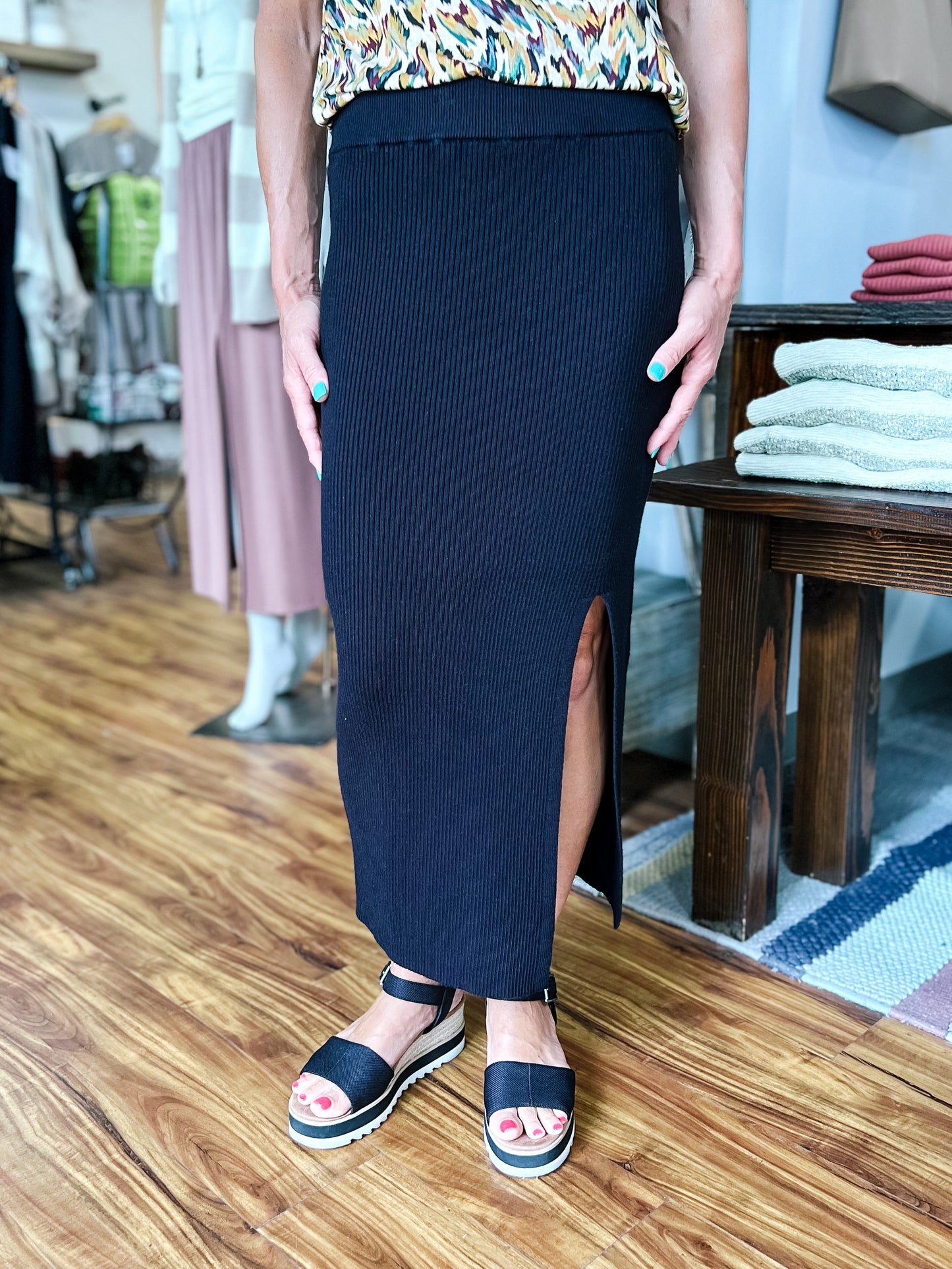 Black Ribbed Sweater Midi Skirt