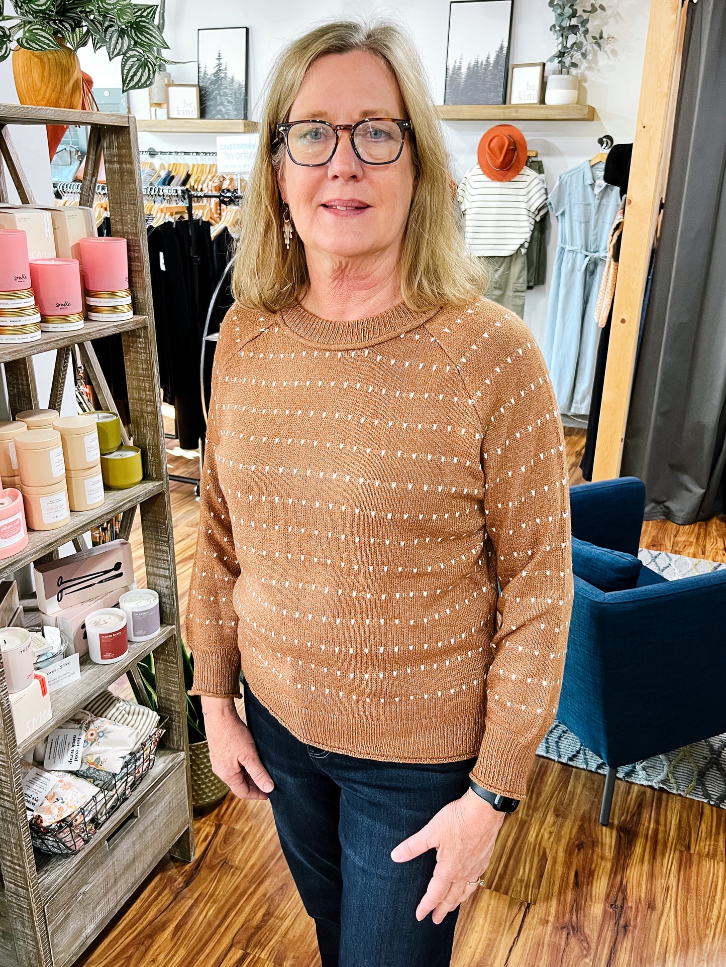 Camel Sweater W/ Ivory Texture Stripe