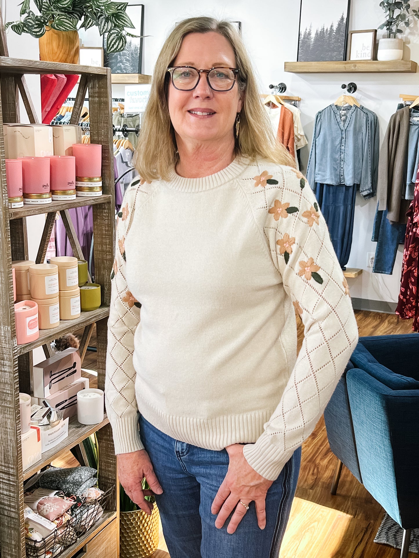 Beige W/Flower Detailing Sweater