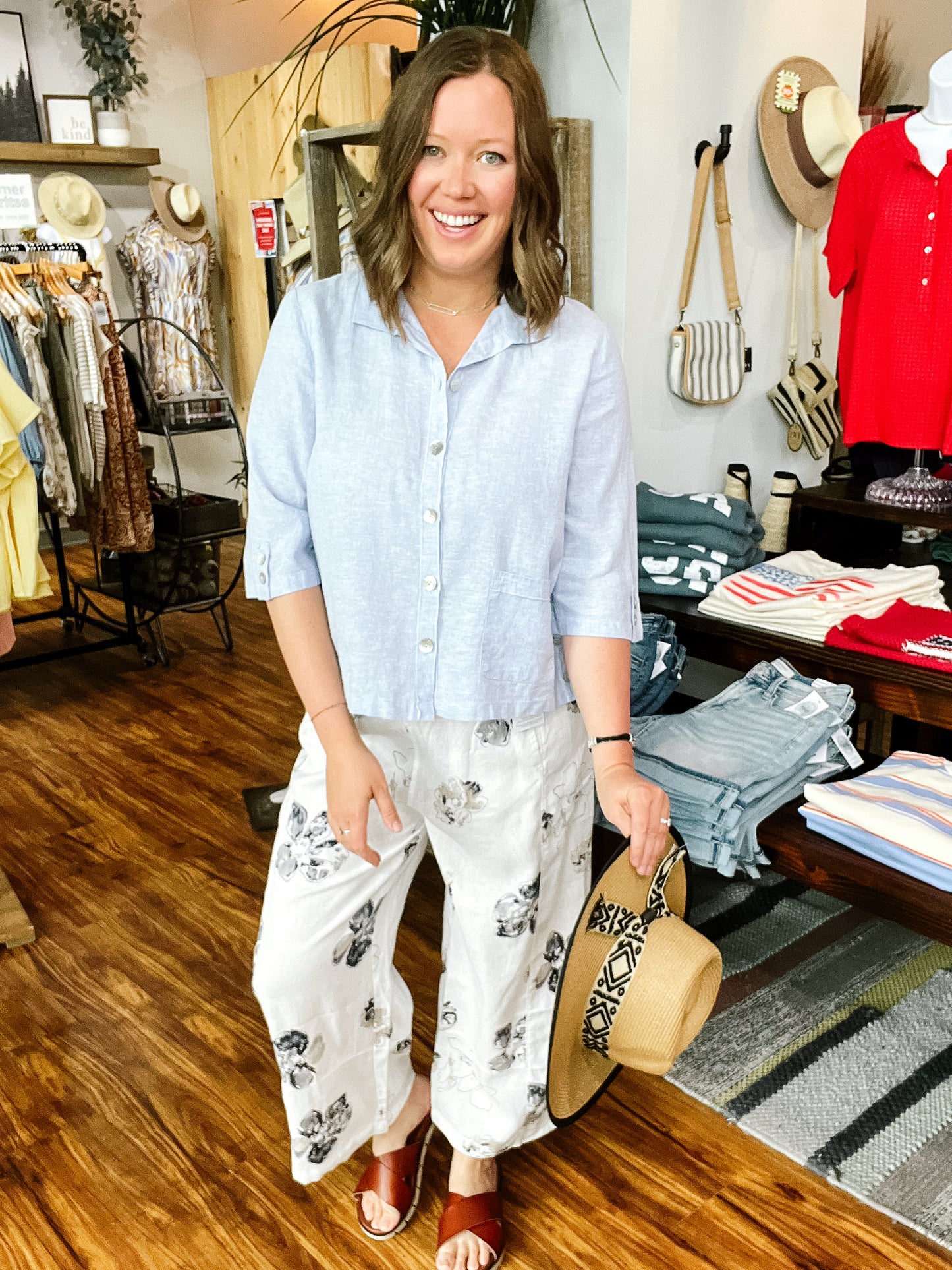 White Floral Linen Pant