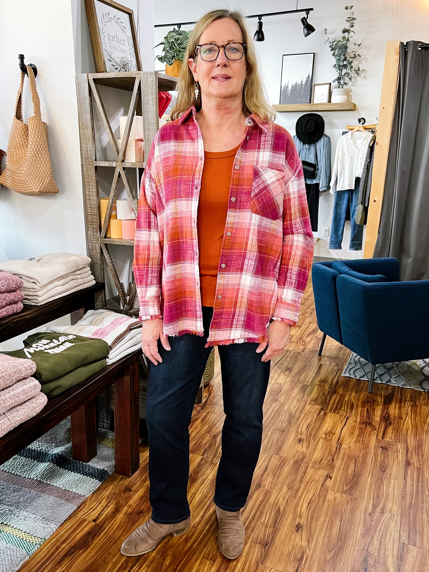 Plum & Rust Plaid Fringe Hem Shirt