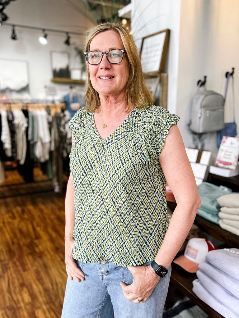 Green Chevron Print Short Sleeve Top