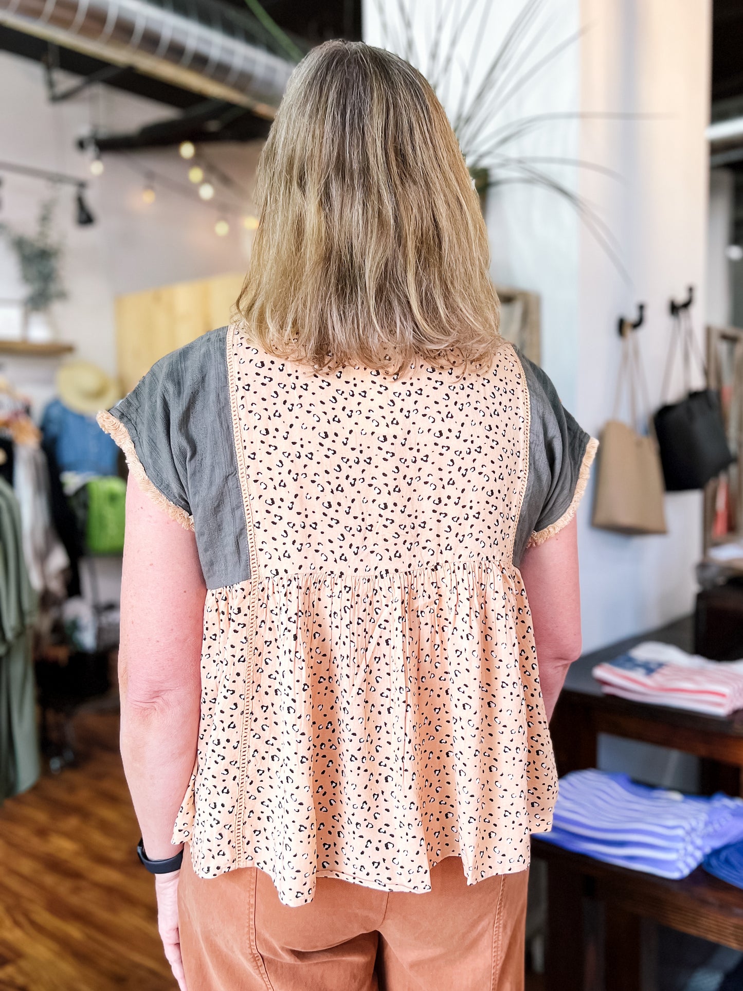 Cheetah Print & Embroidery Short Sleeve Top