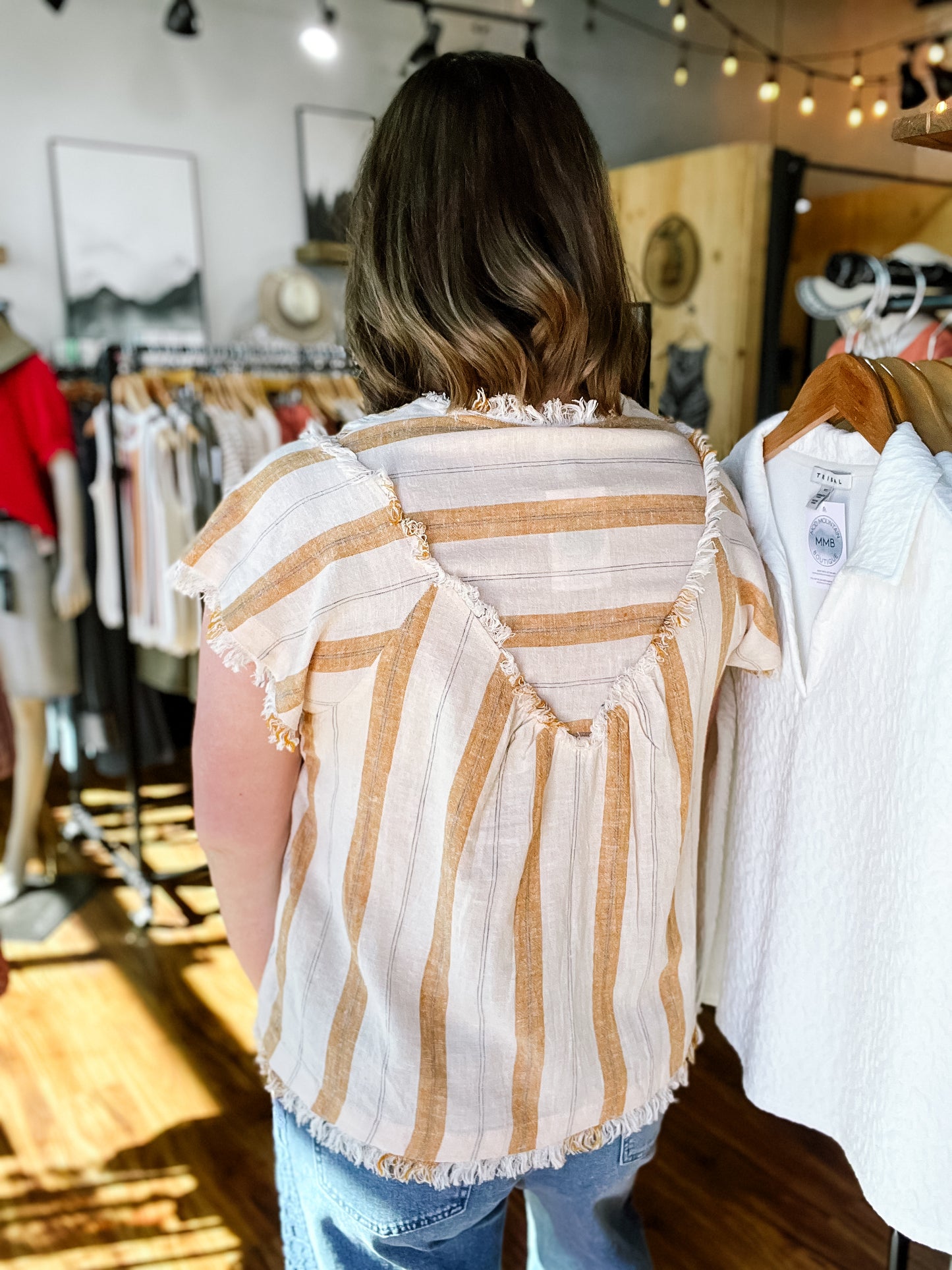 Tan Stripe Raw Edge Top