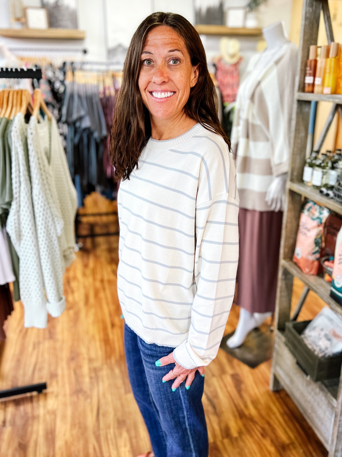 Cream & Mint Green Long Sleeve Sweater