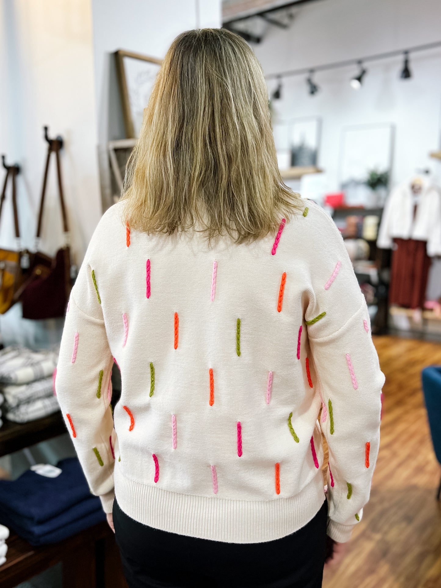 Cream Sweater w/ Colorful Detail