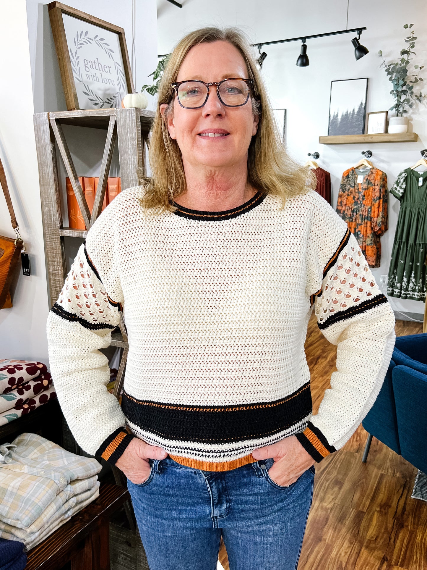Cream Sweater w/ Black & Brown Detailing