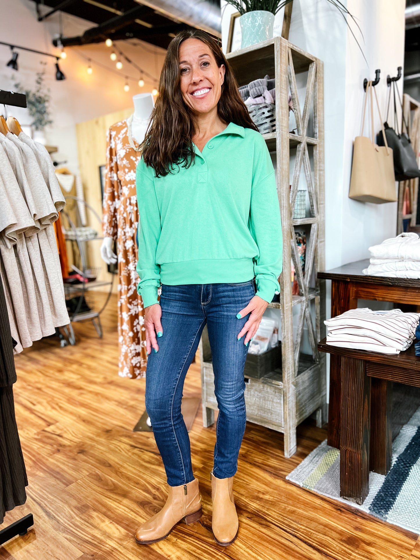 Kelly Green Quarter Button Front Shirt