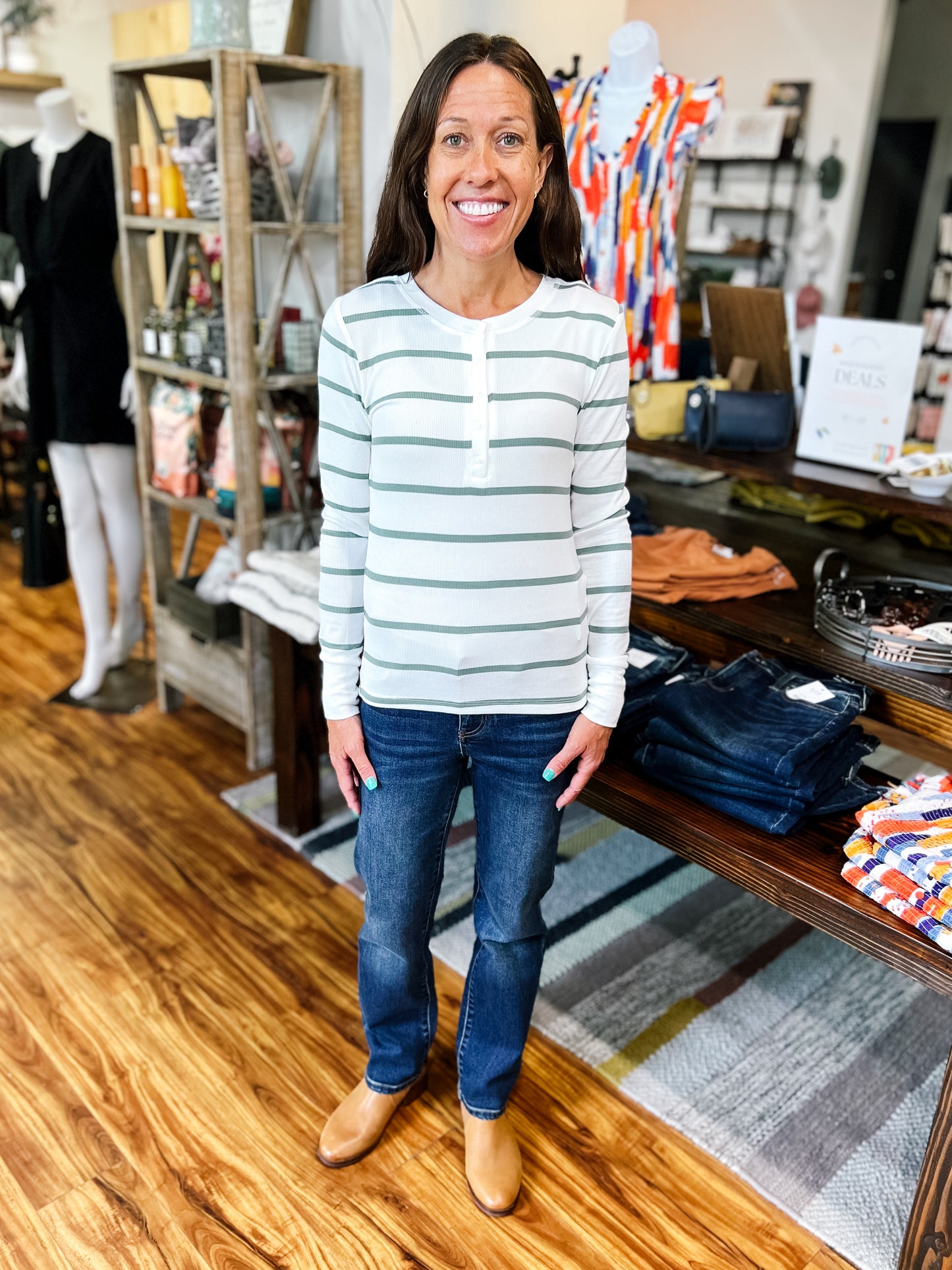 White w/ Green Stripe Long Sleeve Henley Top