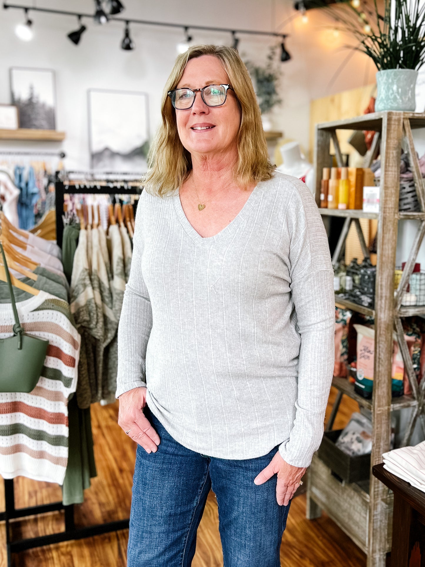 Grey V Neck Ribbed Top