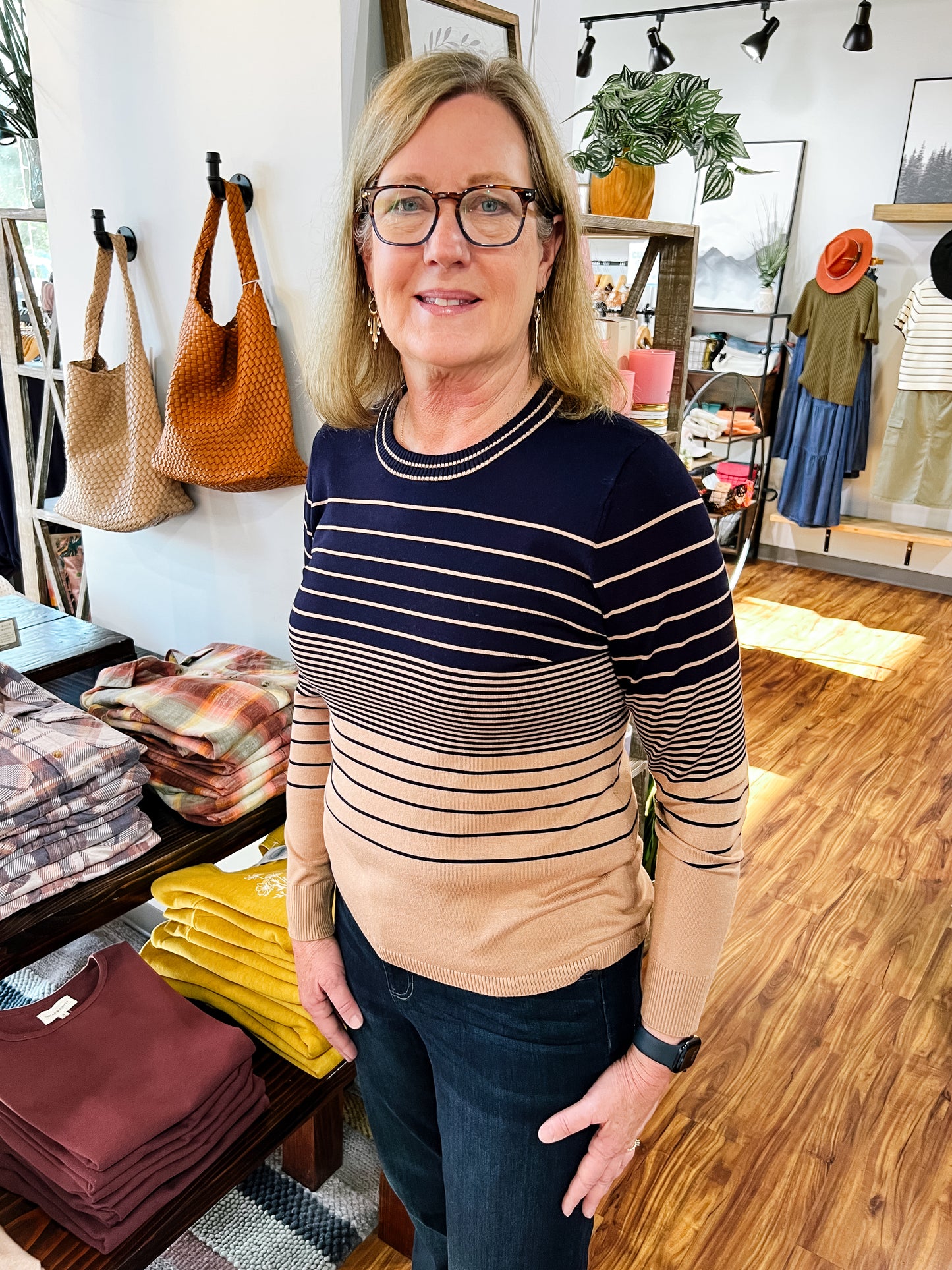 Navy W/ Tan Mixed Stripe Sweater