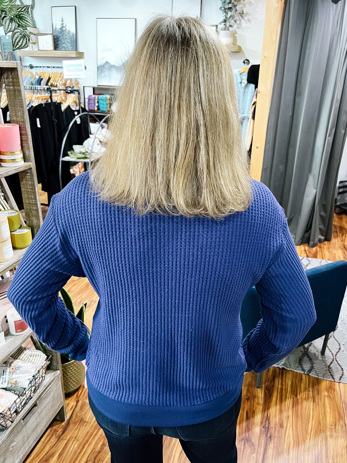 Navy Waffle Knit Henley Top