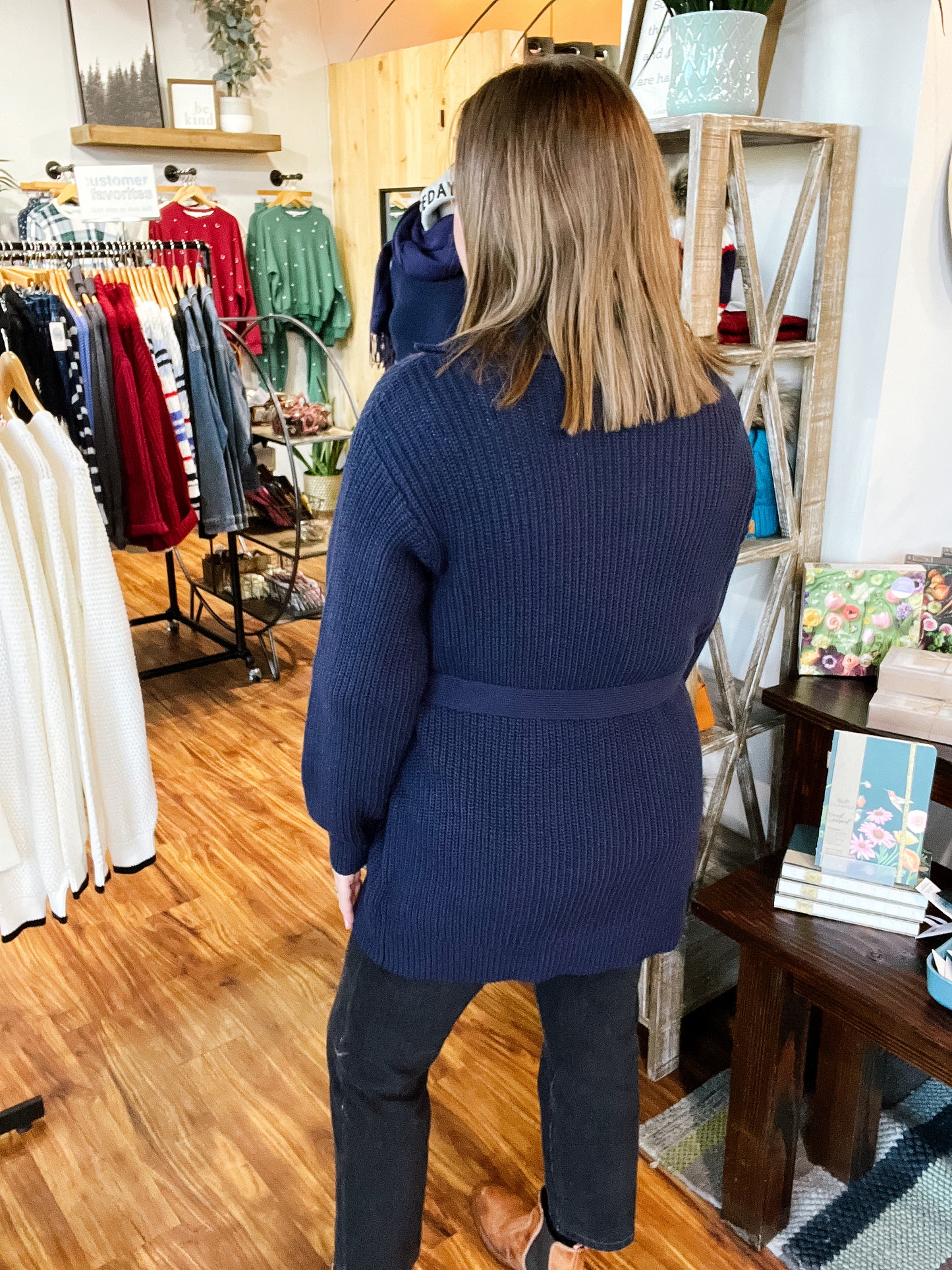Navy Button Cardigan With Waist Tie