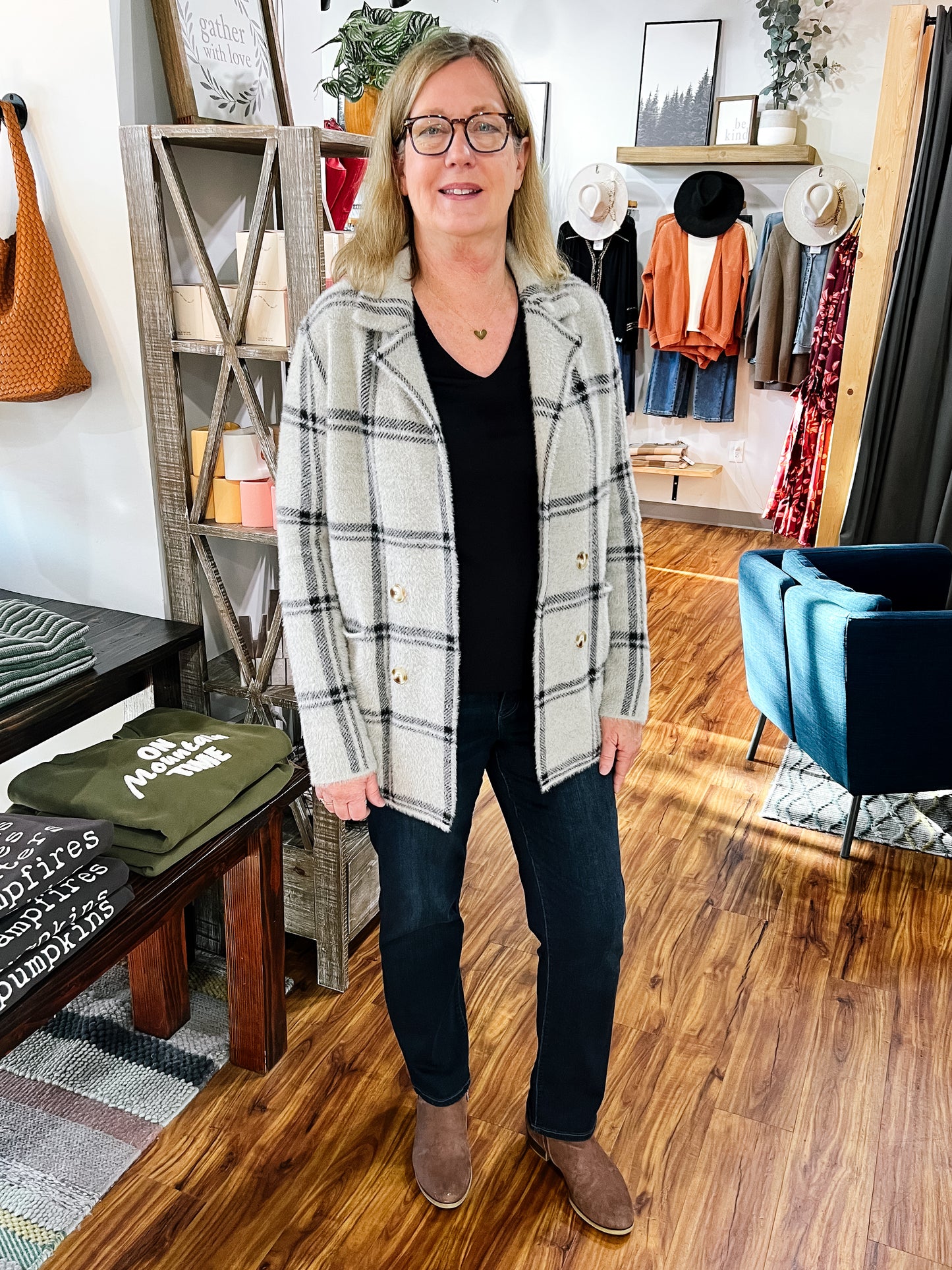 Gray Plaid Open Cardigan