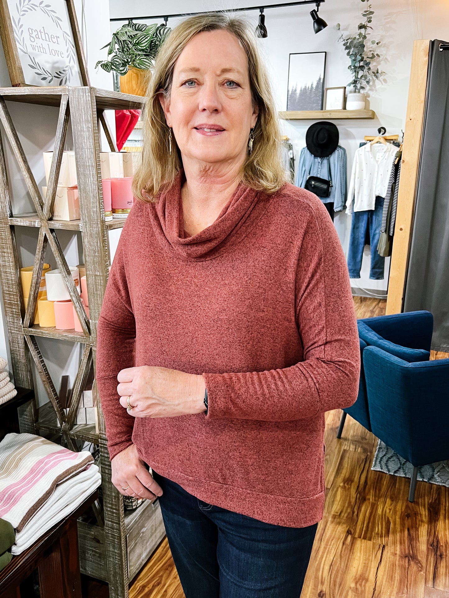 Mahogany Cowl Neck Long Sleeve Top