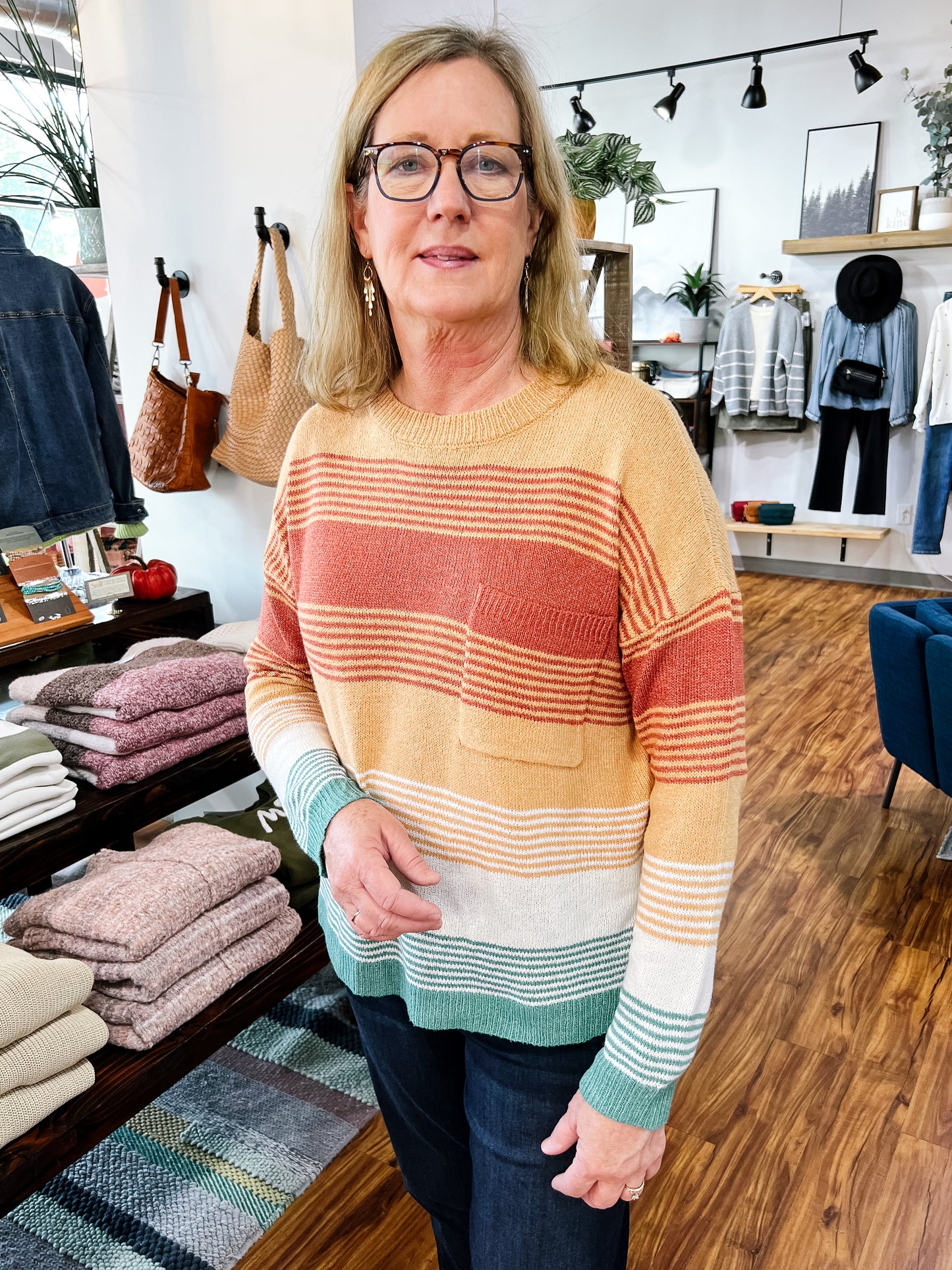 Camel, Rust, & Green Stripe Sweater