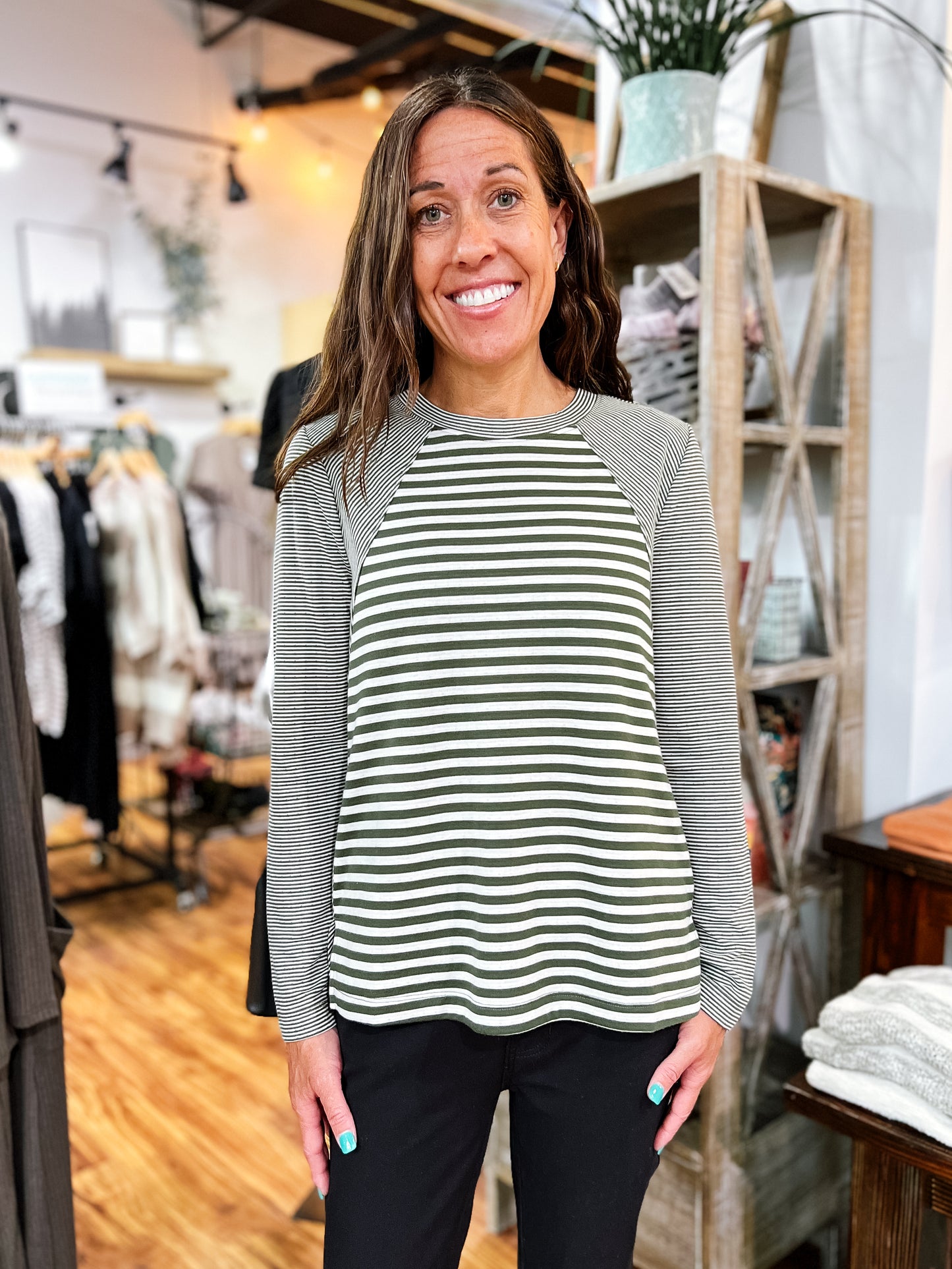 Forest Green & White Stripe Top